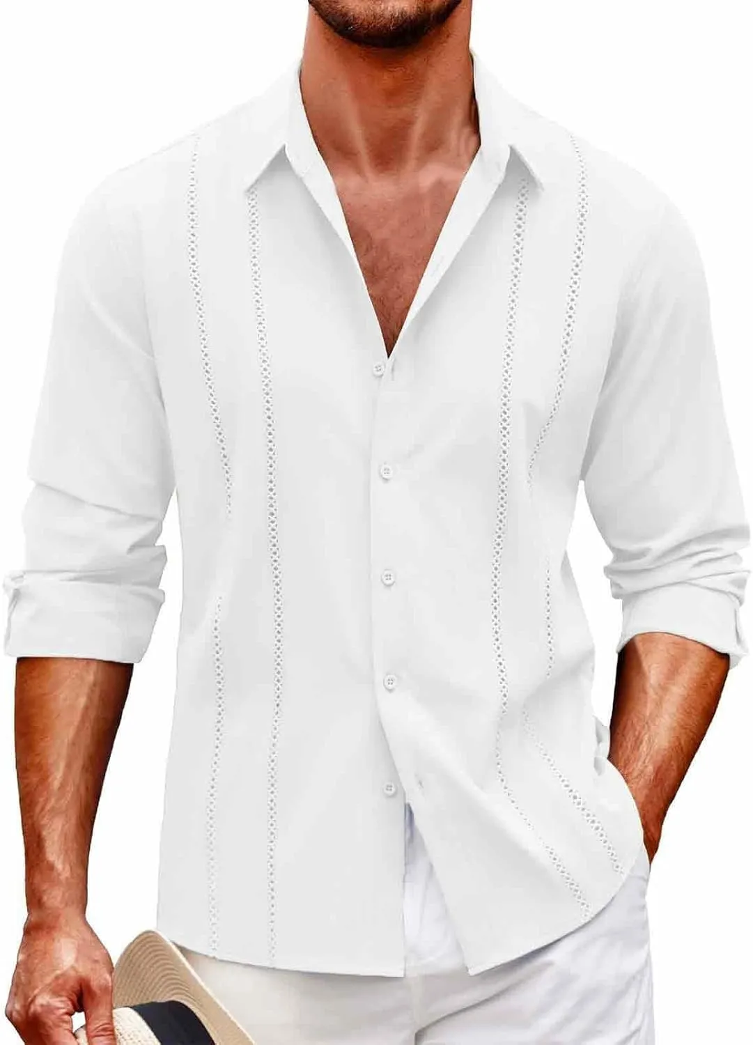 Men's Cuban Guayabera Shirt Casual Long Sleeve Button Down Shirts Lightweight Loose Summer Hawaiian Beach Vacation Top