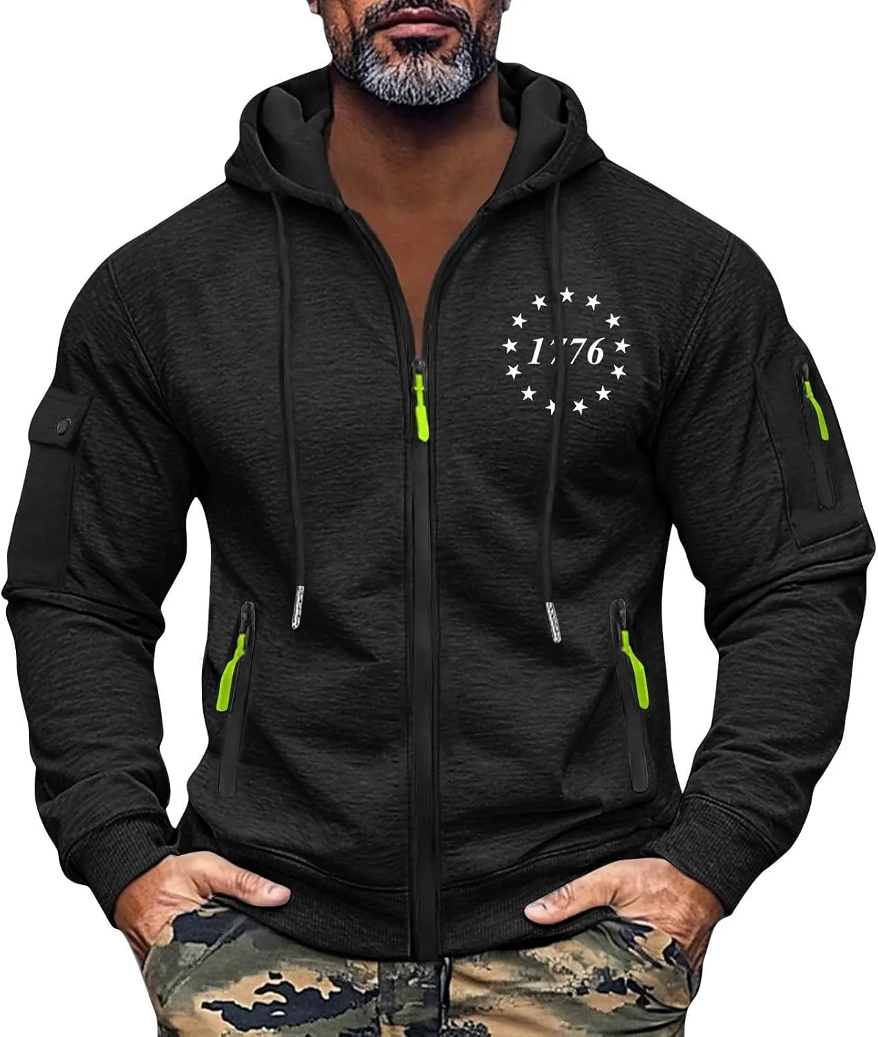 Men's Drawstring Zipper Hoodie 4th of July 1776 Stylish Plain Shirts Light Long Sleeve Sweatshirt with Pockets