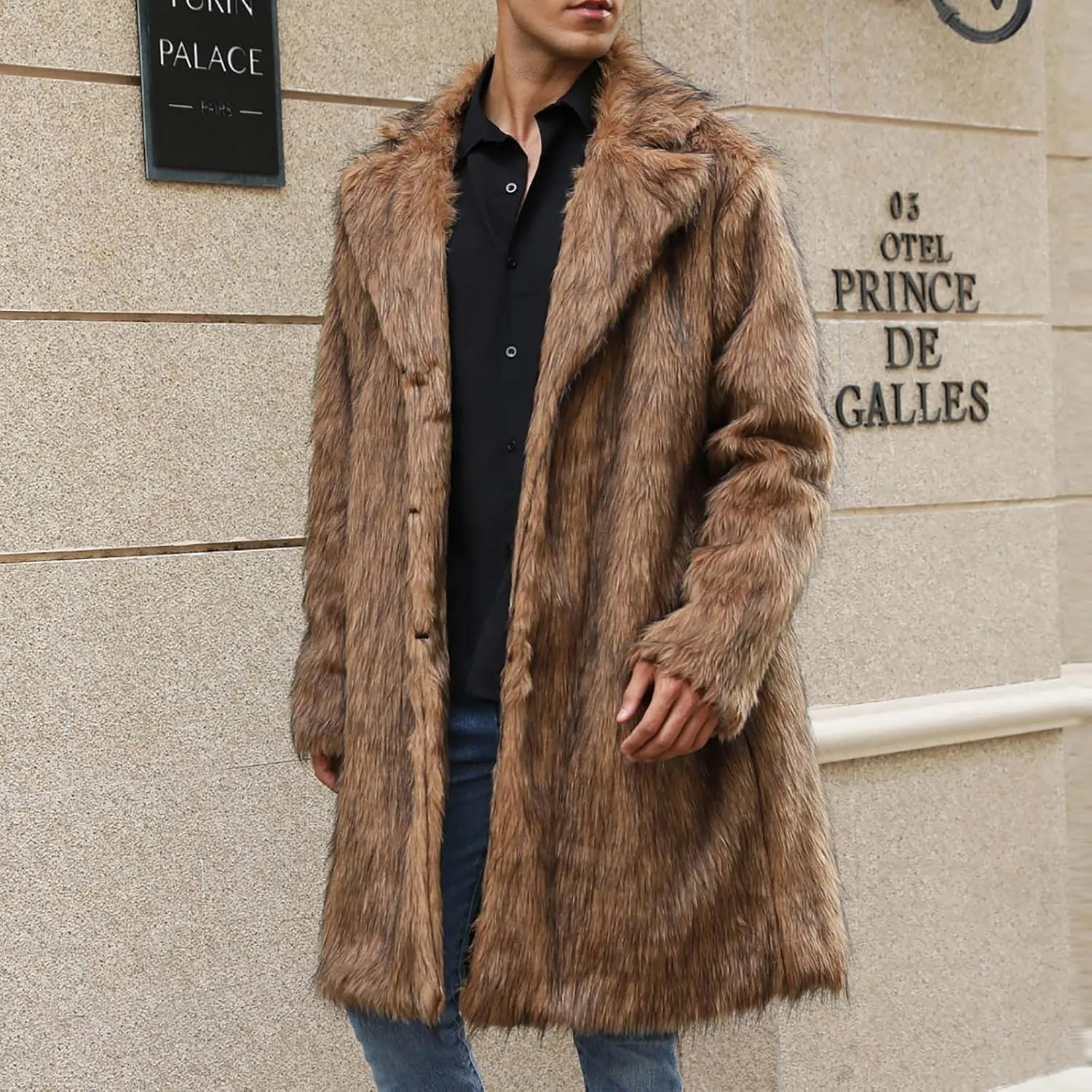 Men's Faux Fur Coat Winter Parka Jacket Open Front Windbreaker Overcoat