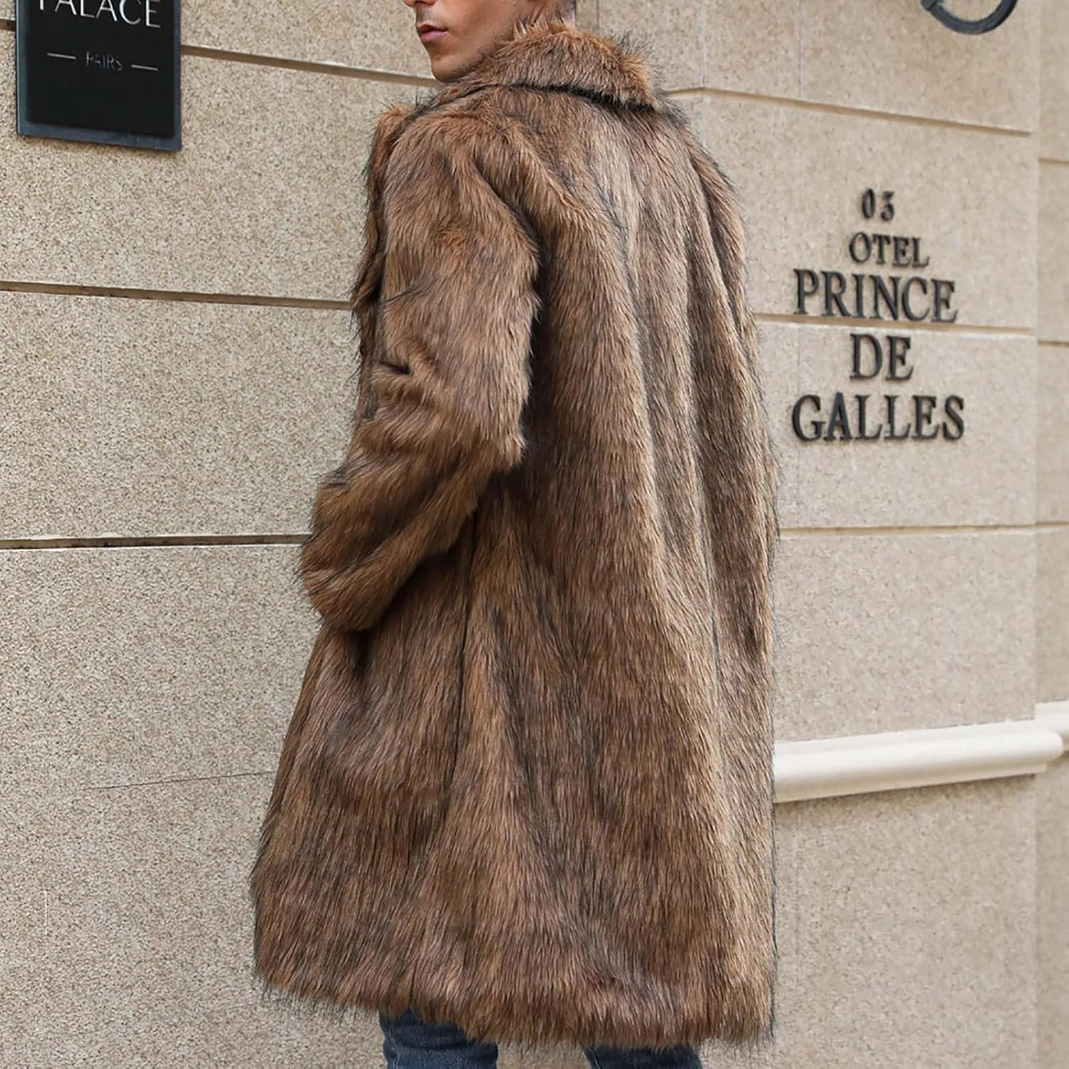 Men's Faux Fur Coat Winter Parka Jacket Open Front Windbreaker Overcoat