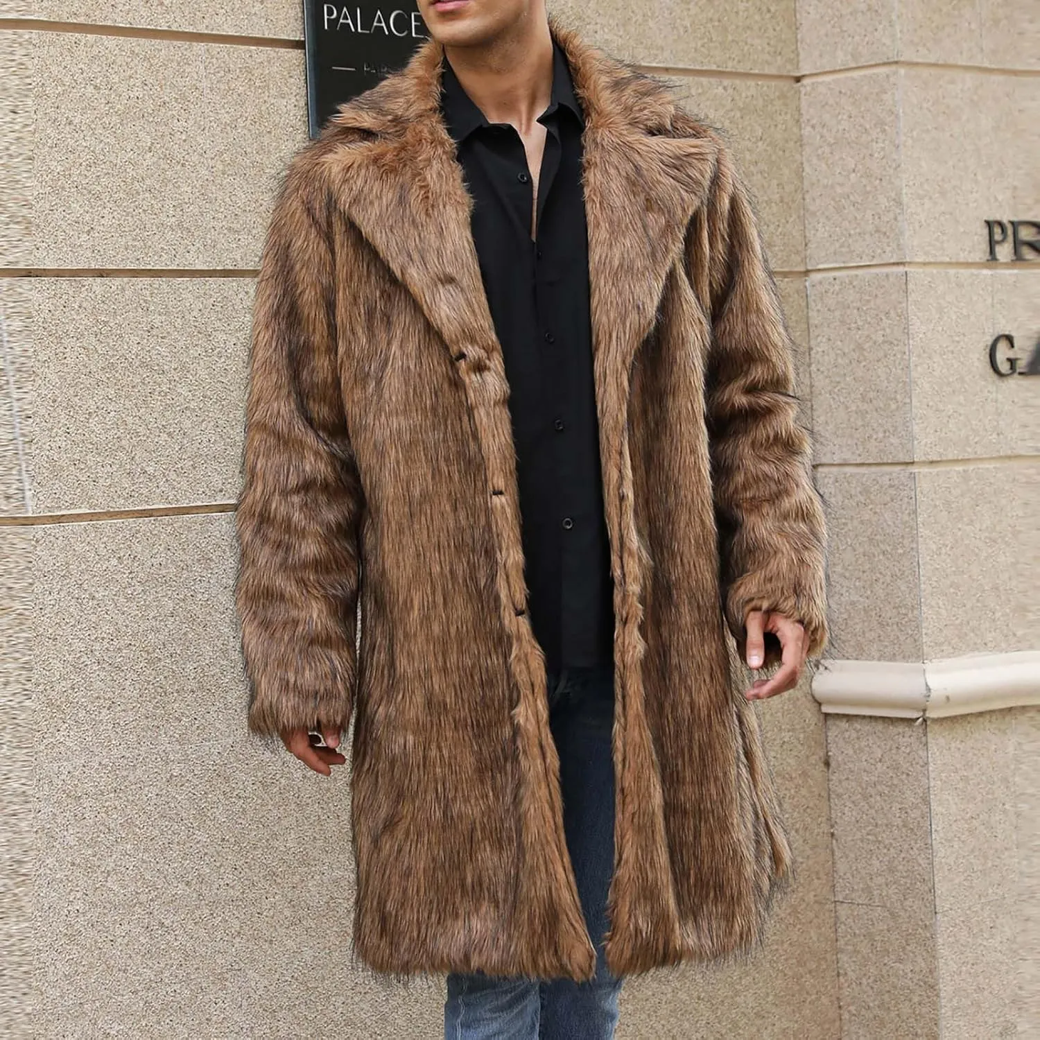 Men's Faux Fur Coat Winter Parka Jacket Open Front Windbreaker Overcoat