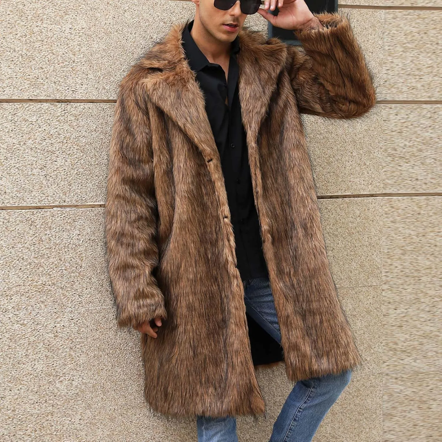 Men's Faux Fur Coat Winter Parka Jacket Open Front Windbreaker Overcoat