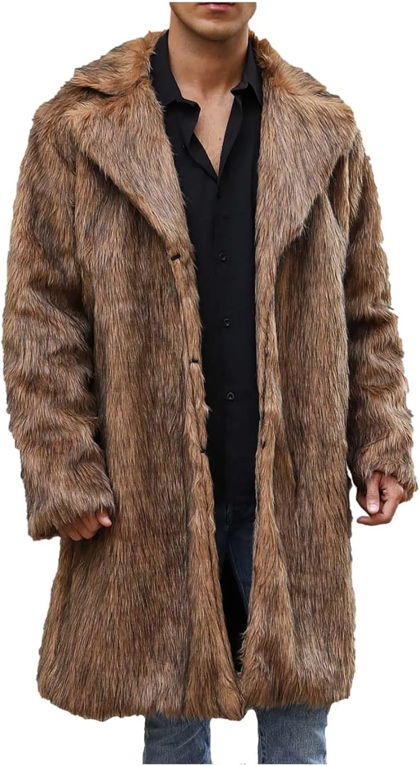 Men's Faux Fur Coat Winter Parka Jacket Open Front Windbreaker Overcoat