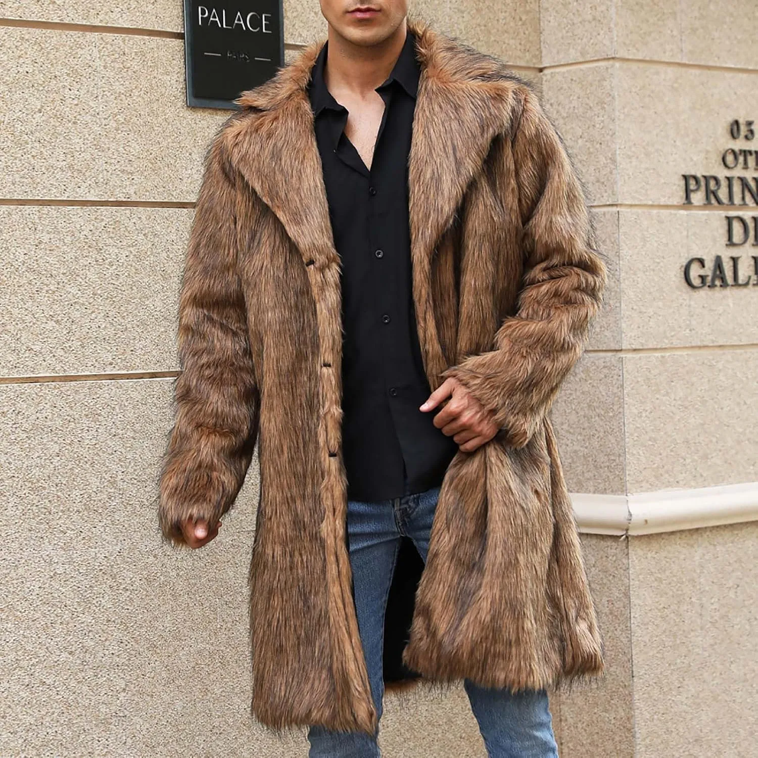 Men's Faux Fur Coat Winter Parka Jacket Open Front Windbreaker Overcoat