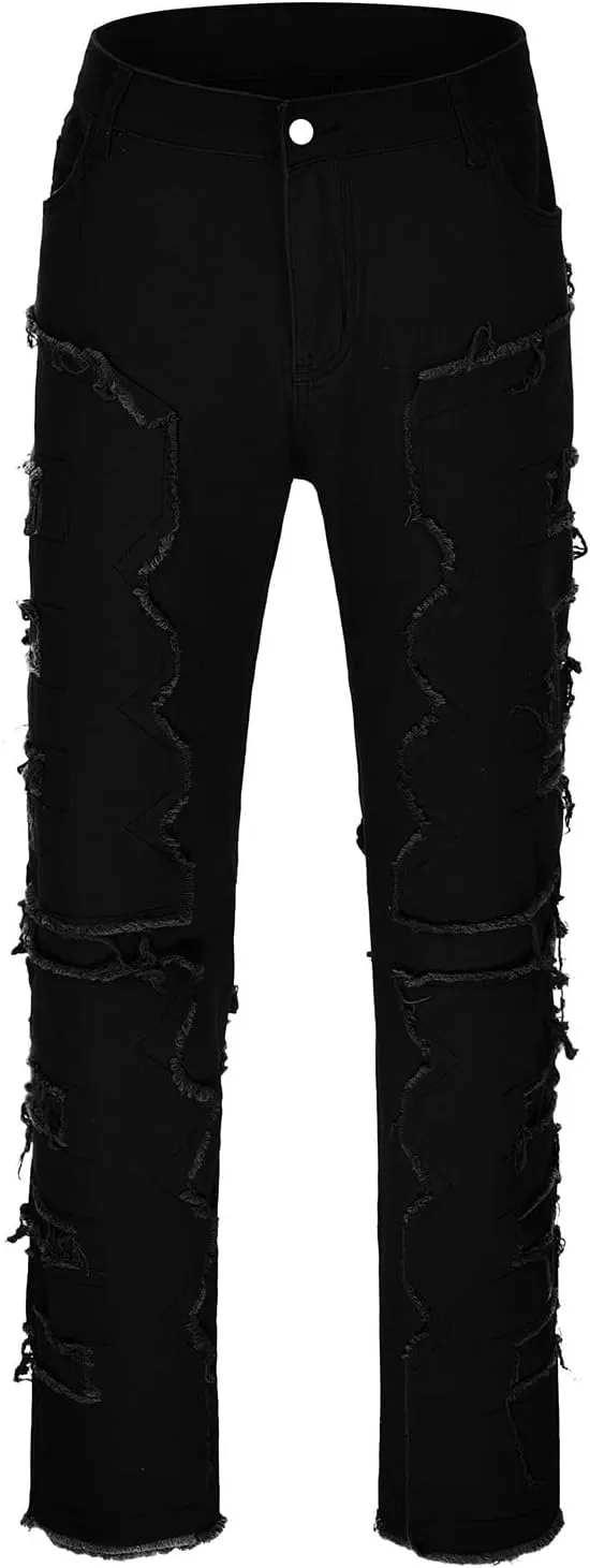 Mens Jeans Slim Fit Stretch Men's Black Stacked Jeans Ripped Jeans Regular Fit Patch Distressed Destroyed Denim