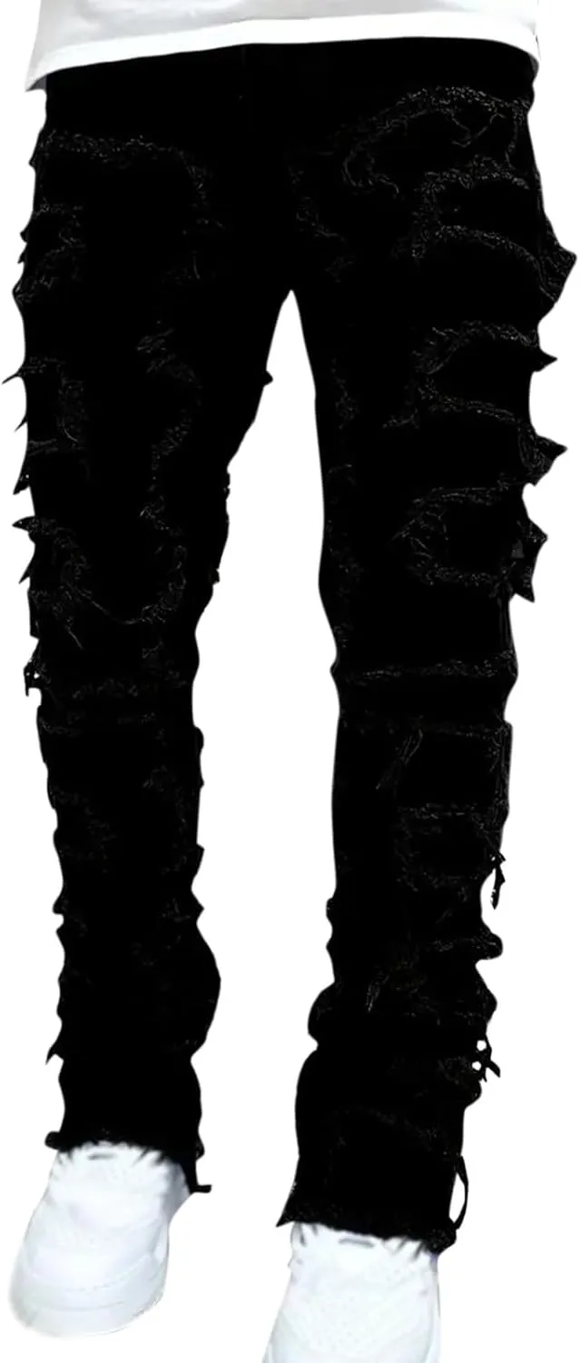 Mens Jeans Slim Fit Stretch Men's Black Stacked Jeans Ripped Jeans Regular Fit Patch Distressed Destroyed Denim