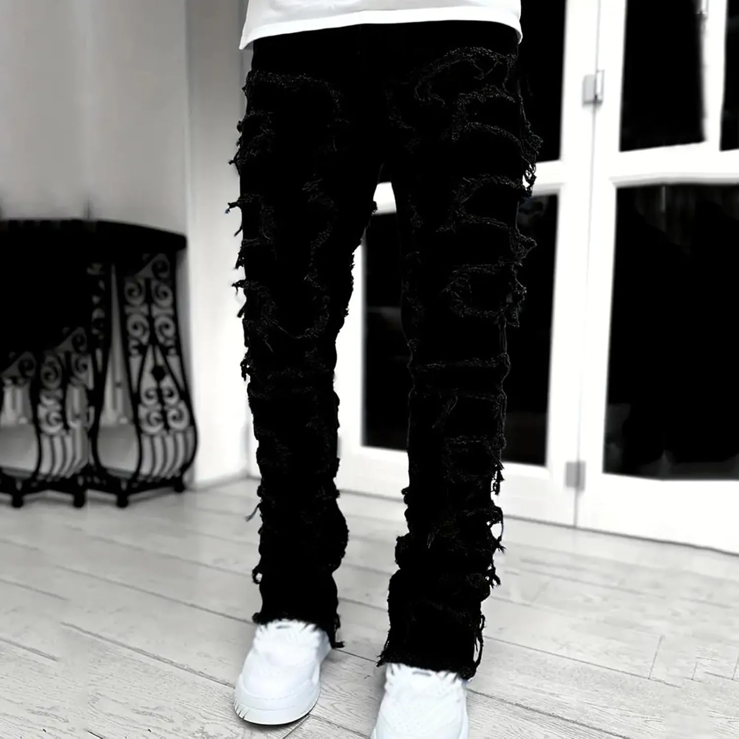 Mens Jeans Slim Fit Stretch Men's Black Stacked Jeans Ripped Jeans Regular Fit Patch Distressed Destroyed Denim