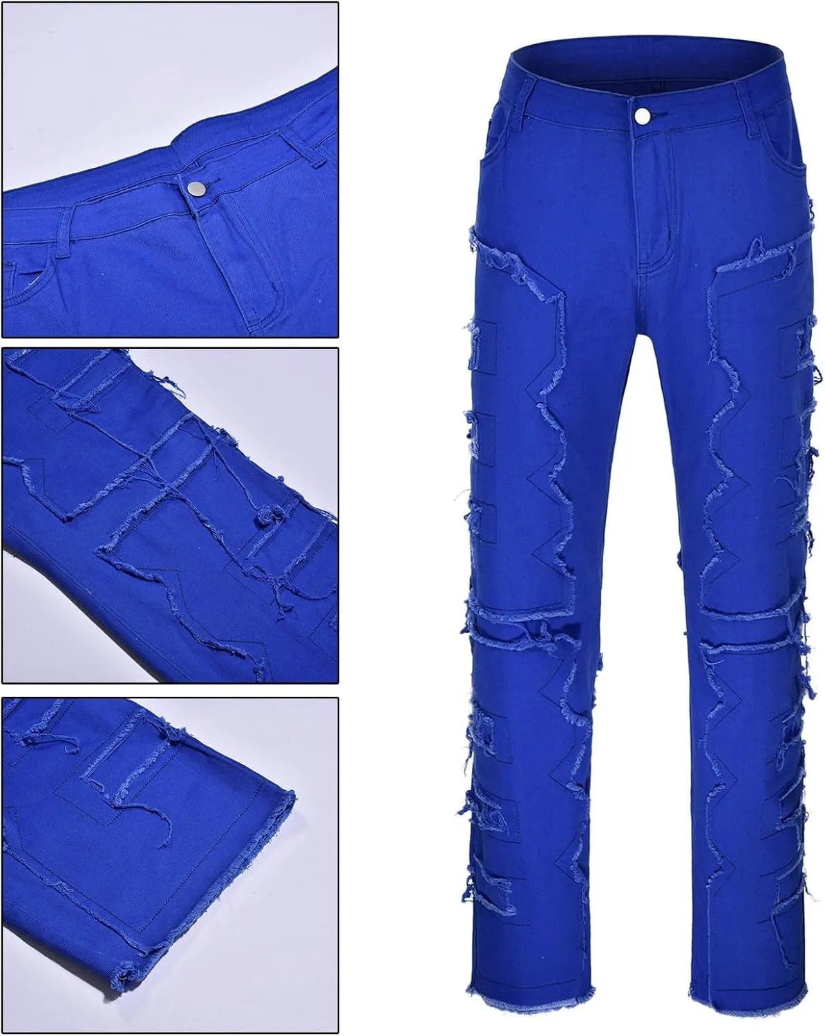 Mens Jeans Straight Fit Mens Stacked Jeans Slim Fit Ripped Skinny Stretch Jeans Distressed Straight Denim Pants