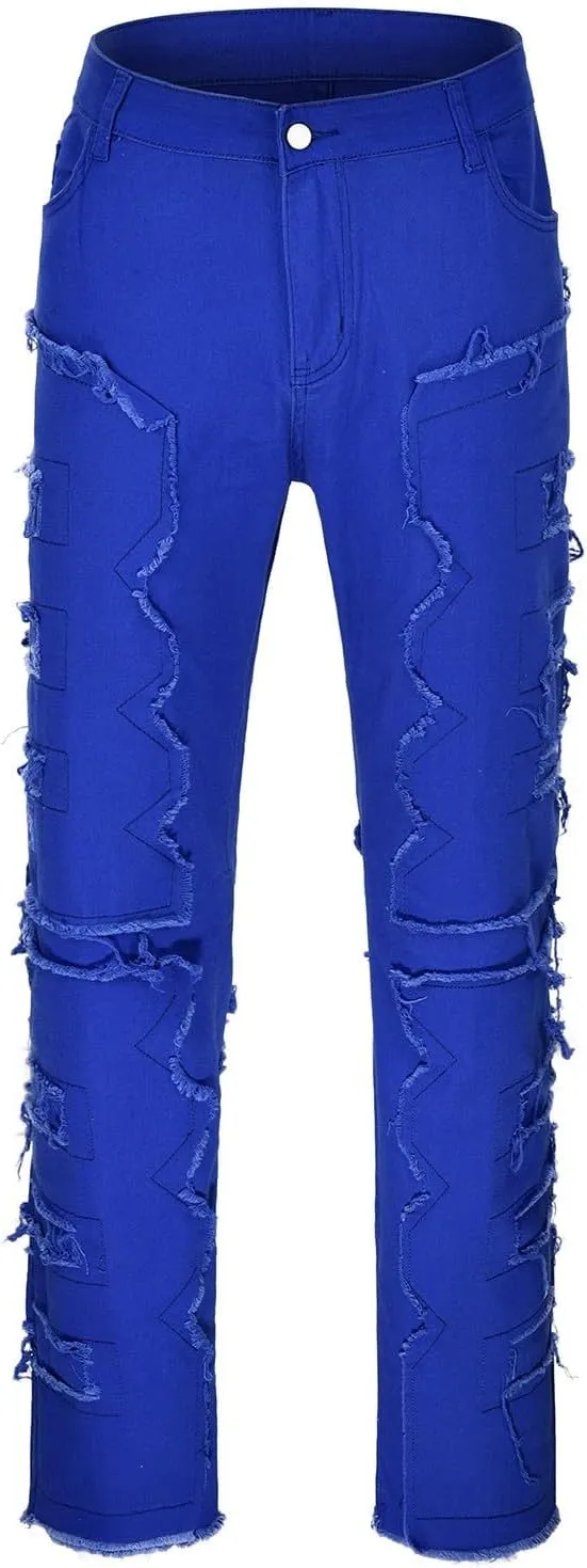 Mens Jeans Straight Fit Mens Stacked Jeans Slim Fit Ripped Skinny Stretch Jeans Distressed Straight Denim Pants