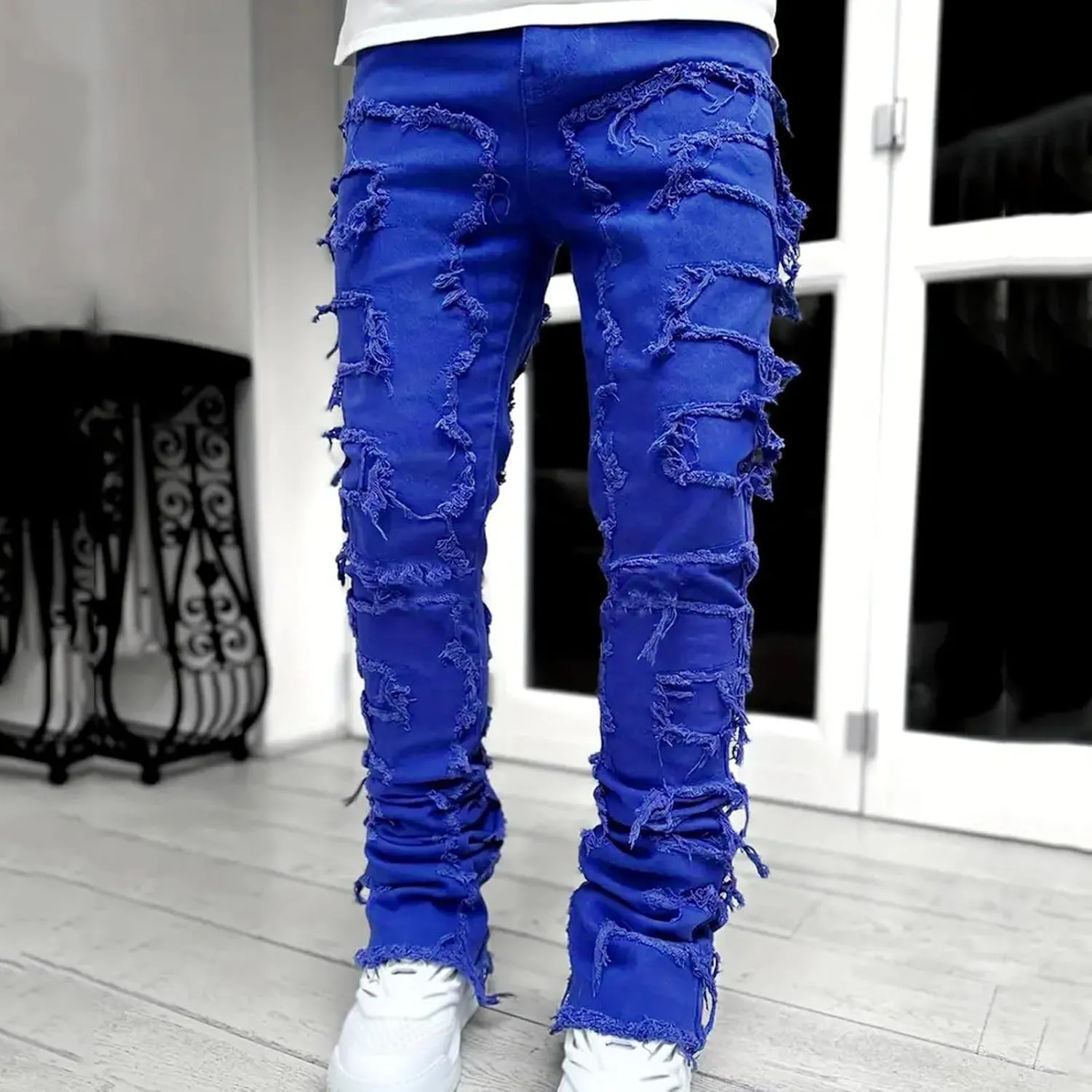 Mens Jeans Straight Fit Mens Stacked Jeans Slim Fit Ripped Skinny Stretch Jeans Distressed Straight Denim Pants