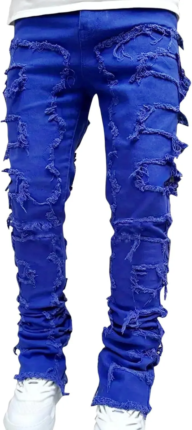 Mens Jeans Straight Fit Mens Stacked Jeans Slim Fit Ripped Skinny Stretch Jeans Distressed Straight Denim Pants