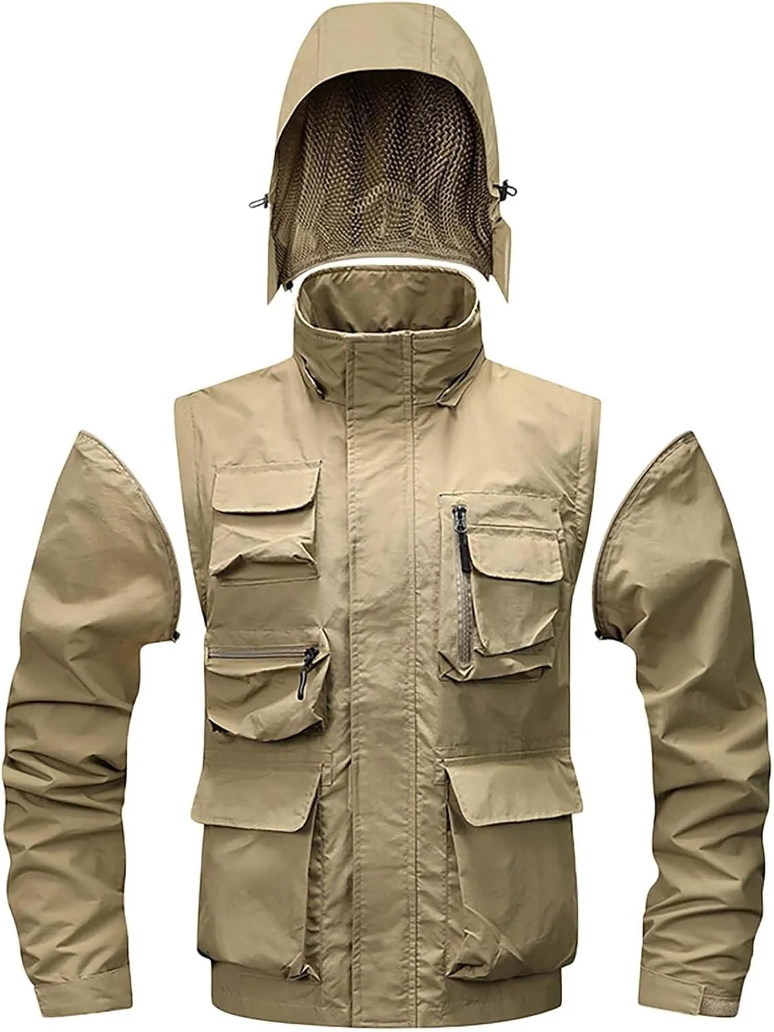 Mens Lightweight Hiking Windproof Jacket Detachable Hood Sleeve Waterproof Hooded Rain Jackets Outdoor Work Jackets