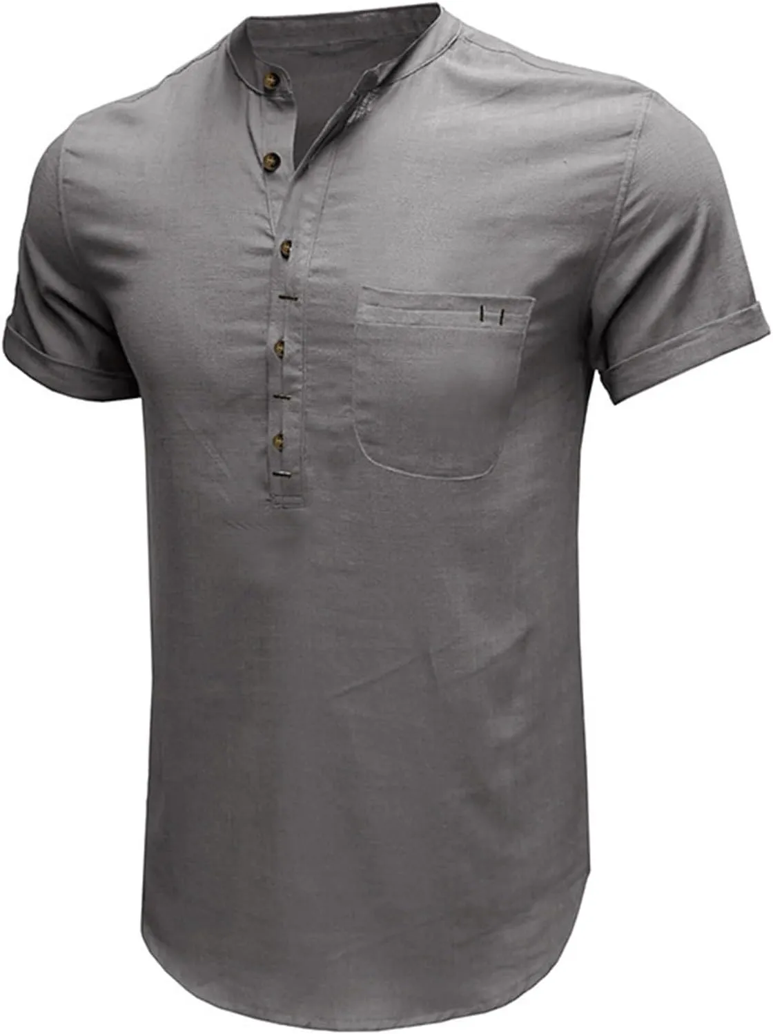 Mens Linen Henley Shirt Short Sleeve Casual Cotton T-Shirts Lightweight Breathable Button Stand Collar Tops Beach Tee