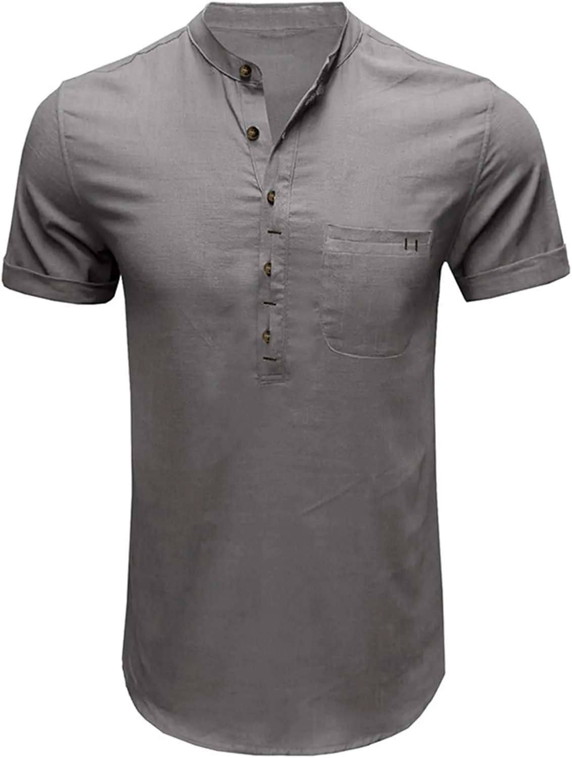 Mens Linen Henley Shirt Short Sleeve Casual Cotton T-Shirts Lightweight Breathable Button Stand Collar Tops Beach Tee
