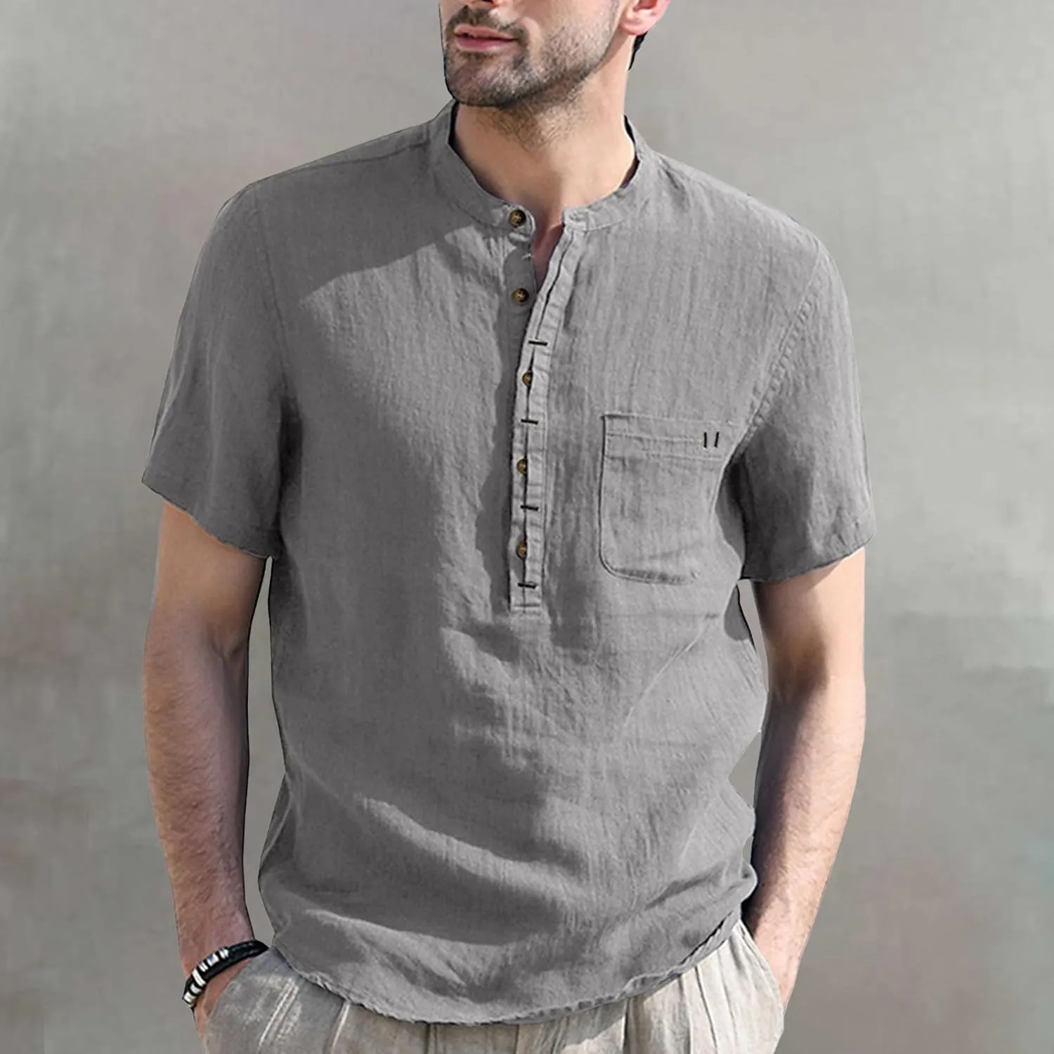 Mens Linen Henley Shirt Short Sleeve Casual Cotton T-Shirts Lightweight Breathable Button Stand Collar Tops Beach Tee