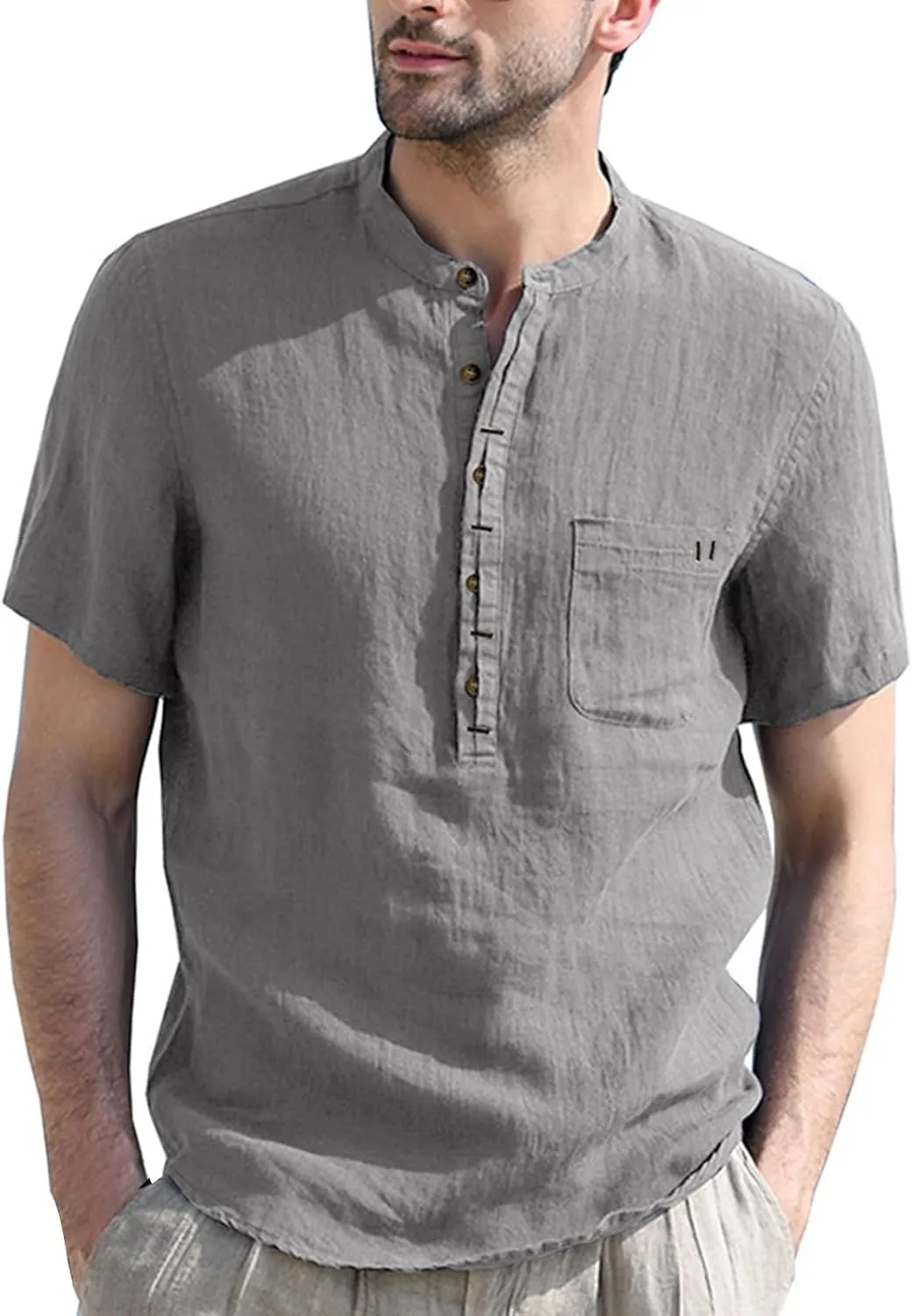 Mens Linen Henley Shirt Short Sleeve Casual Cotton T-Shirts Lightweight Breathable Button Stand Collar Tops Beach Tee