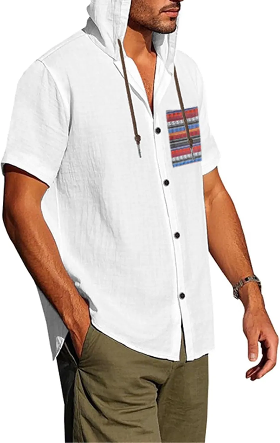 Men's Linen Shirts Breathable Quick Dry Short Sleeve Hoodies Trendy Summer Beach Cardigan Swim Cover Up Lightweight