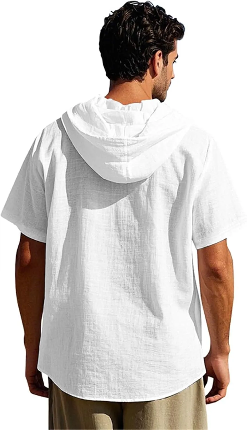 Men's Linen Shirts Breathable Quick Dry Short Sleeve Hoodies Trendy Summer Beach Cardigan Swim Cover Up Lightweight