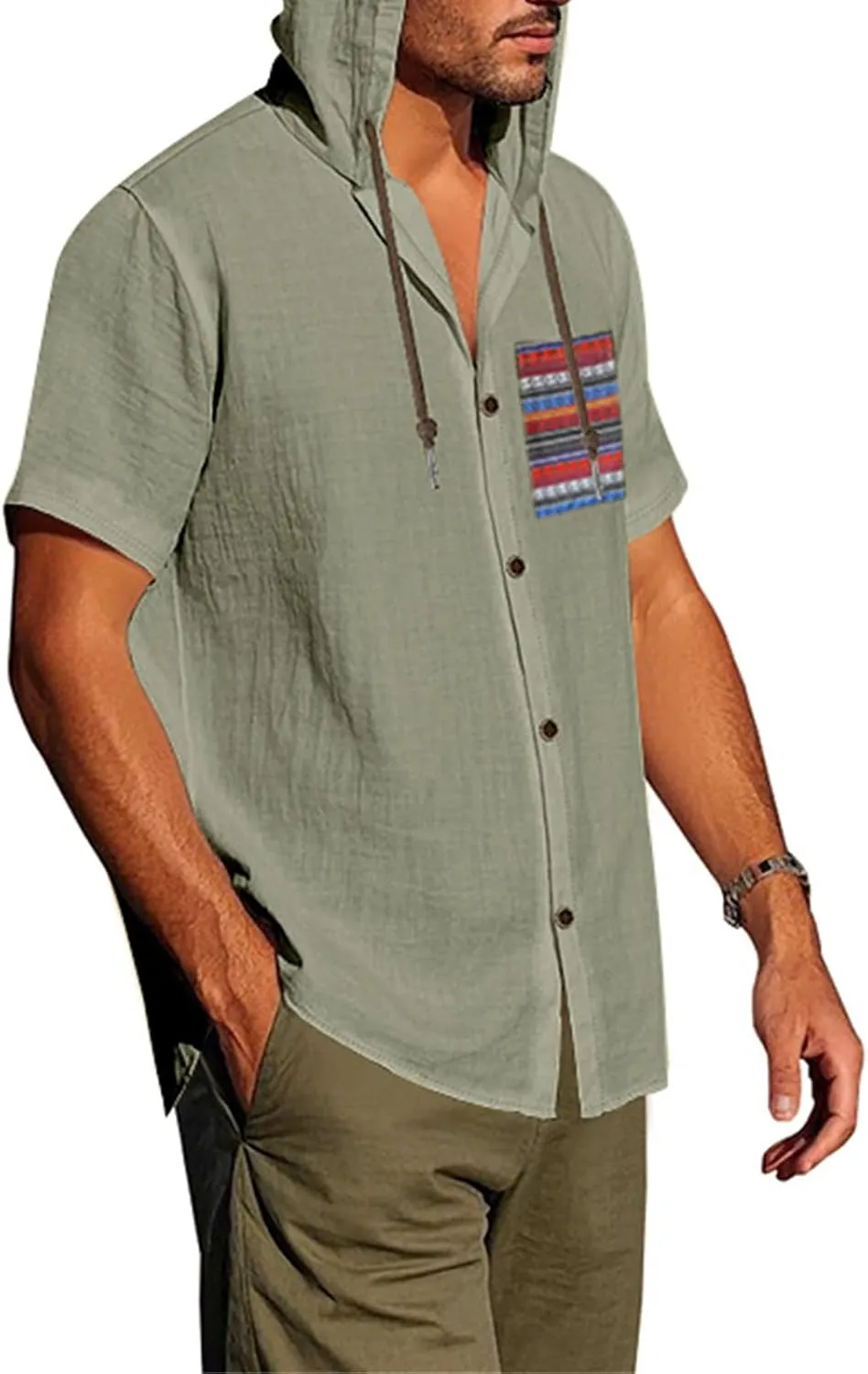 Men's Linen Shirts Breathable Quick Dry Short Sleeve Hoodies Trendy Summer Beach Cardigan Swim Cover Up Lightweight