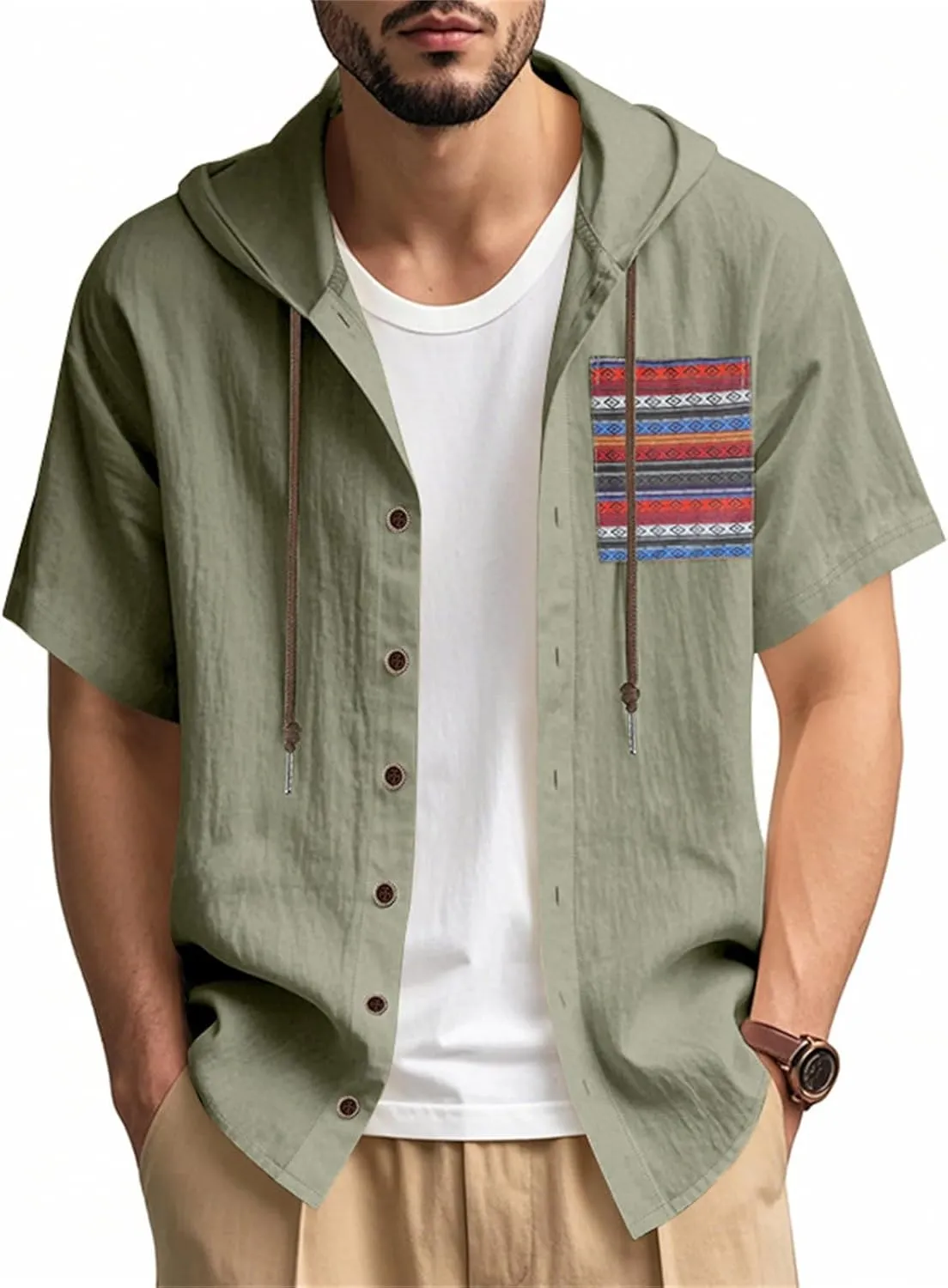 Men's Linen Shirts Breathable Quick Dry Short Sleeve Hoodies Trendy Summer Beach Cardigan Swim Cover Up Lightweight