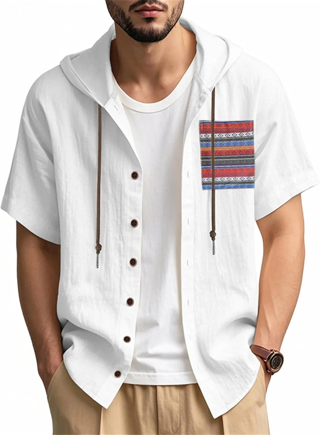 Men's Linen Shirts Breathable Quick Dry Short Sleeve Hoodies Trendy Summer Beach Cardigan Swim Cover Up Lightweight