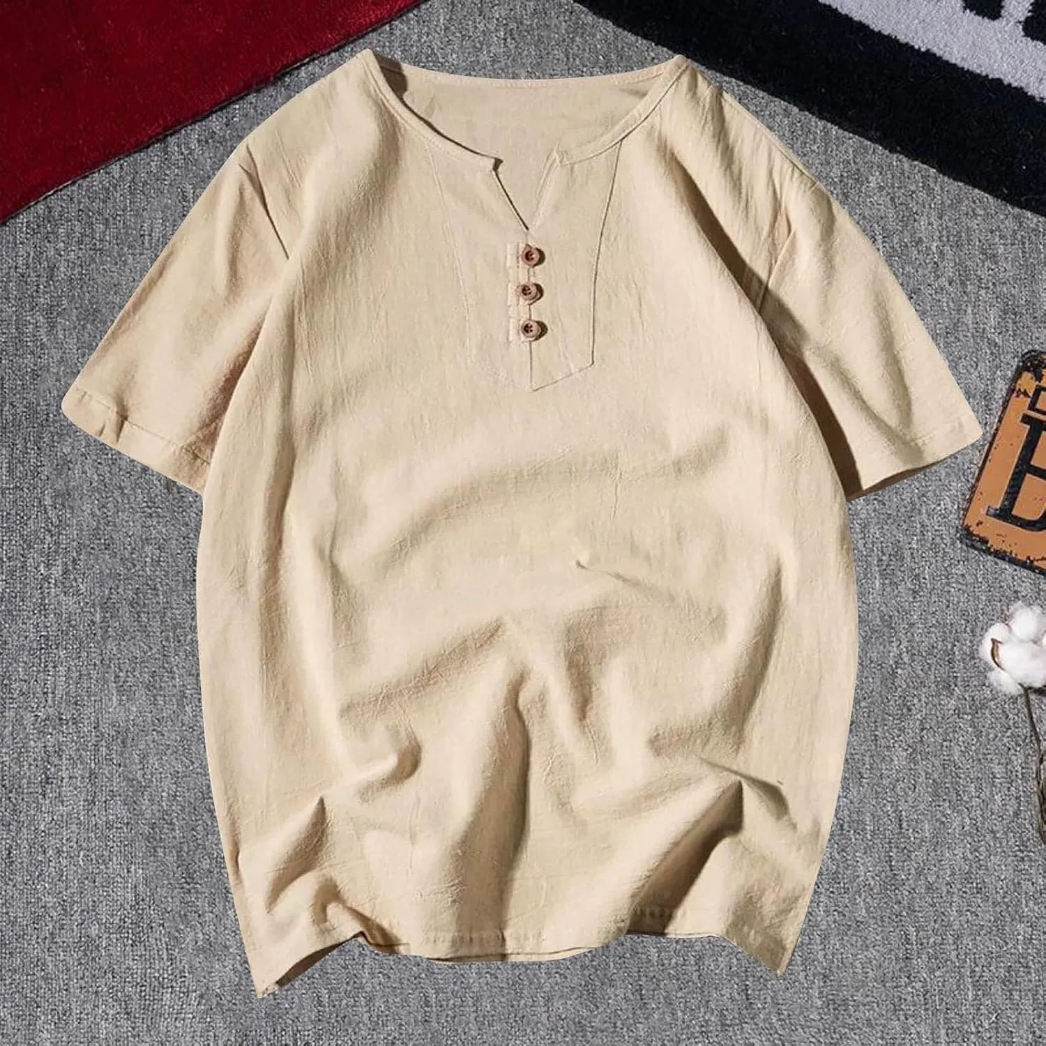 Men's Linen Shirts Plus Size Heavy Weight V Neck Cotton T-Shirts Quick Dry Breathable Summer Shorts Sleeve Tee Tops