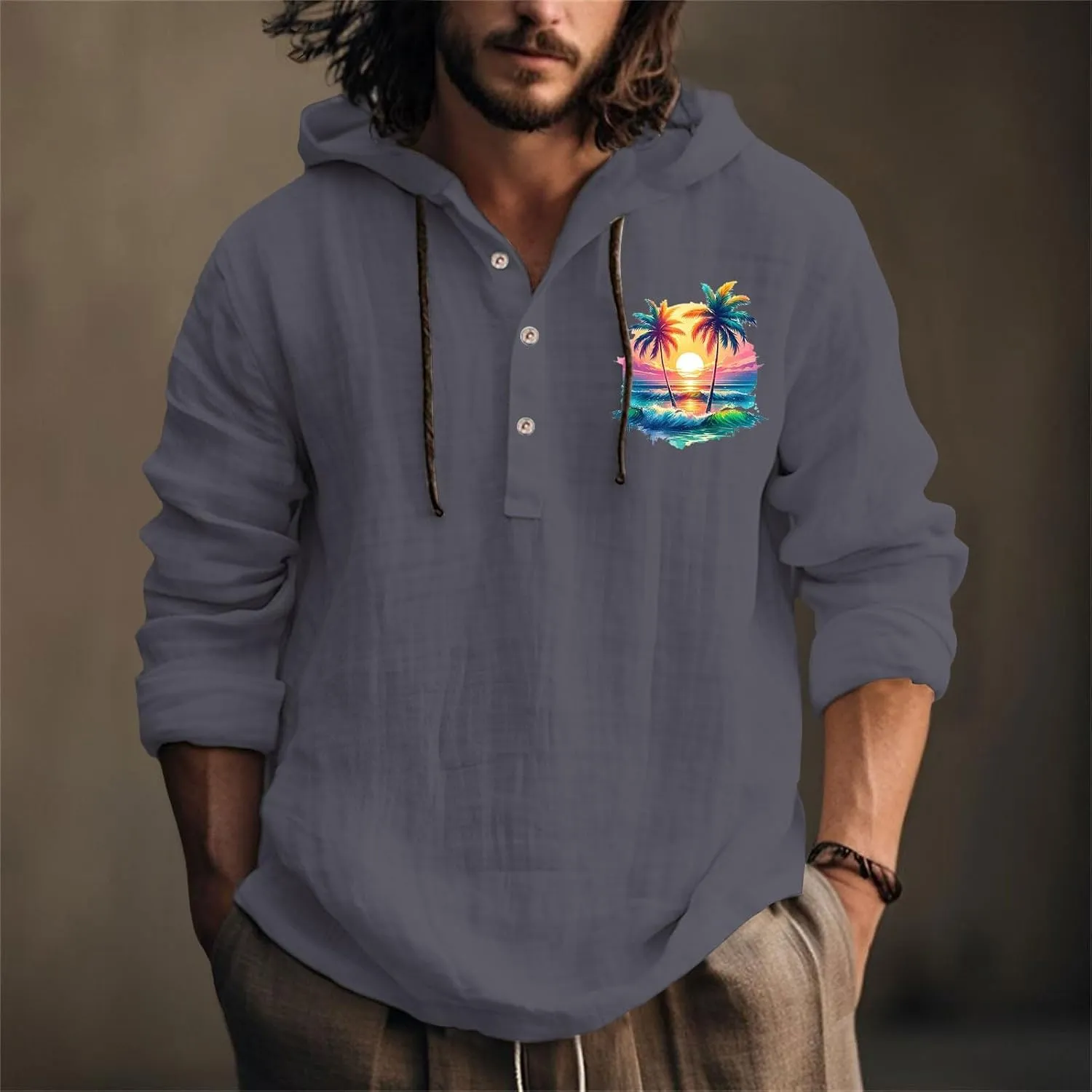 Men's Linen Shirts Retro Long Sleeve Guayabera Shirt with Hood Lightweight Loose Hipster Hawaiian Beach Aloha Blouse