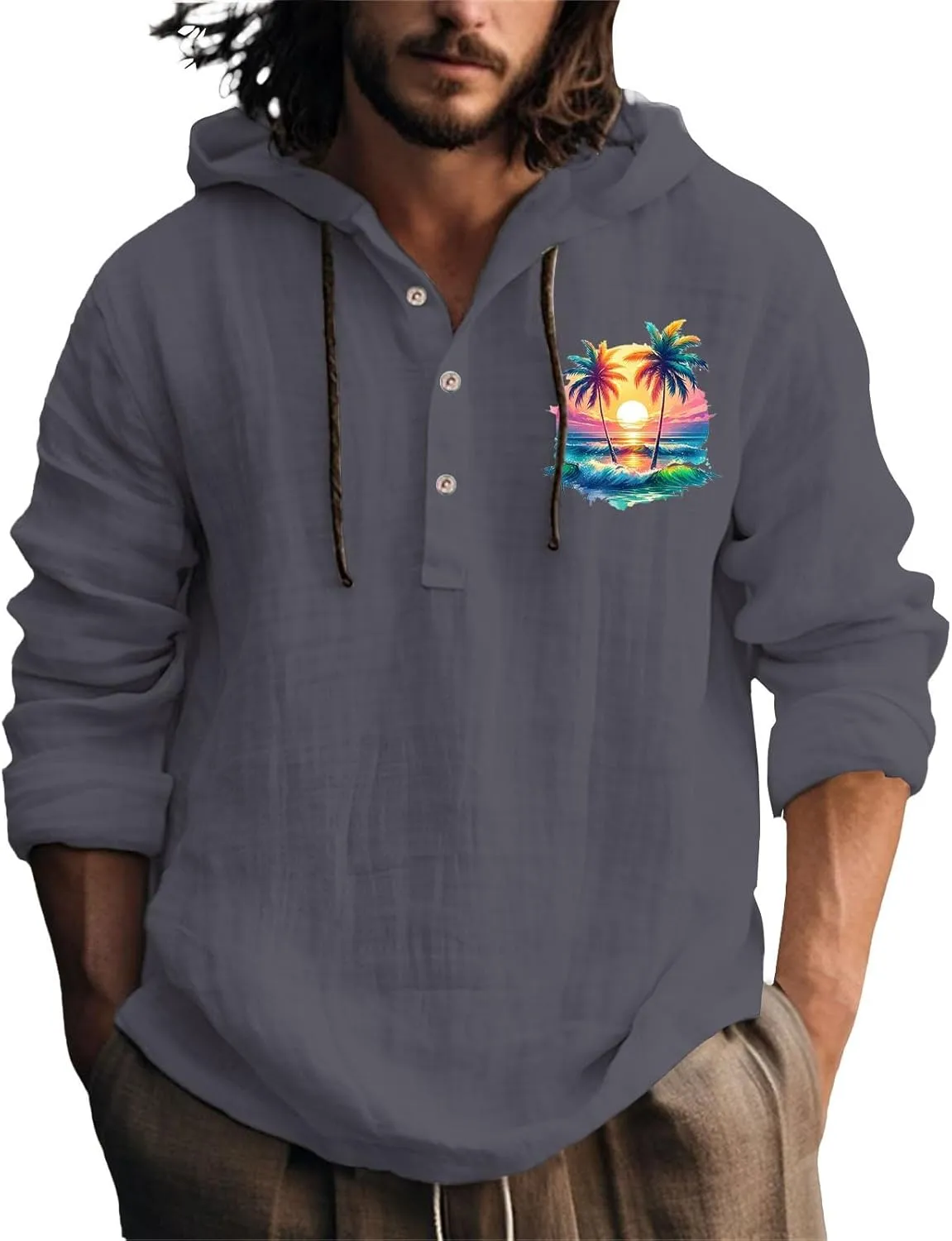 Men's Linen Shirts Retro Long Sleeve Guayabera Shirt with Hood Lightweight Loose Hipster Hawaiian Beach Aloha Blouse