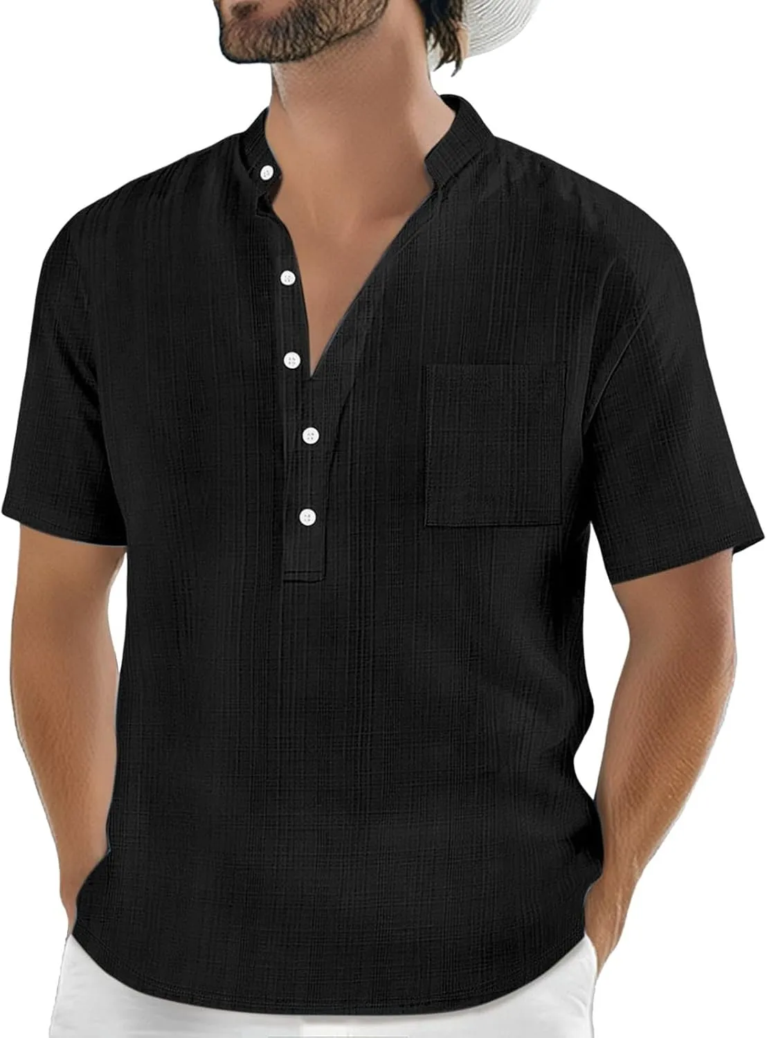 Mens Linen Shirts Short Sleeve Casual Cotton T-Shirts Summer Button Henley Shirt Lightweight Loose Beach Tee Tops