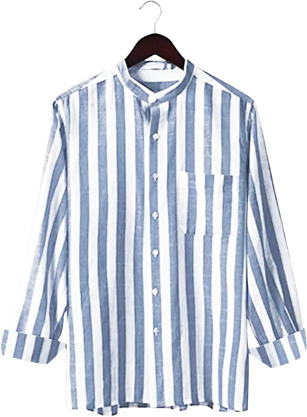 Men's Linen Shirts Summer Short Sleeve Striped Dress Shirt Vintage Loose Breathable Beach Hawaiian Top with Pockets