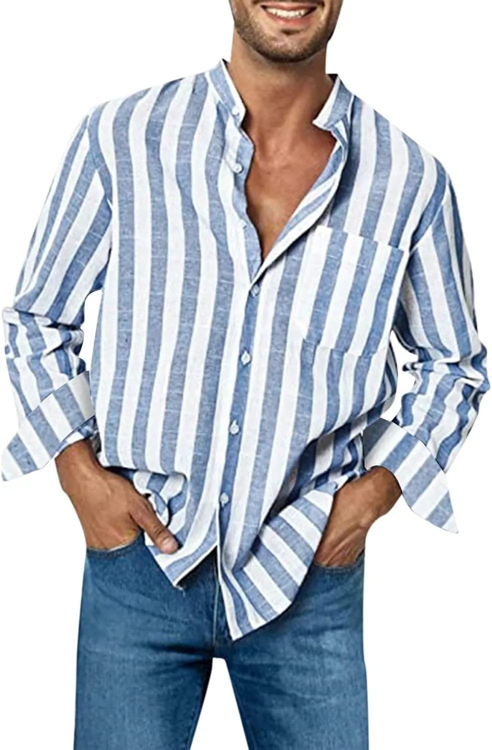 Men's Linen Shirts Summer Short Sleeve Striped Dress Shirt Vintage Loose Breathable Beach Hawaiian Top with Pockets