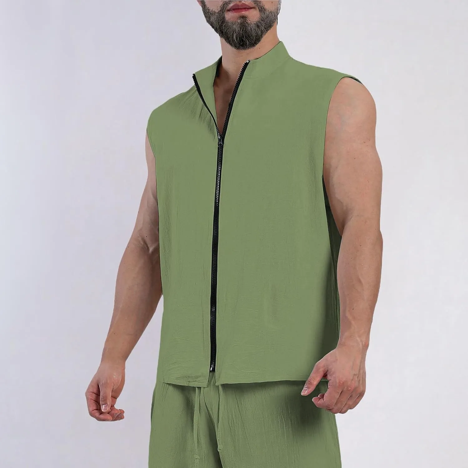 Men's Linen Shirts Turtleneck Zip Sleeveless Vest Waistcoats Summer Casual Cotton Tank Tops Lightweight Beach Shirt