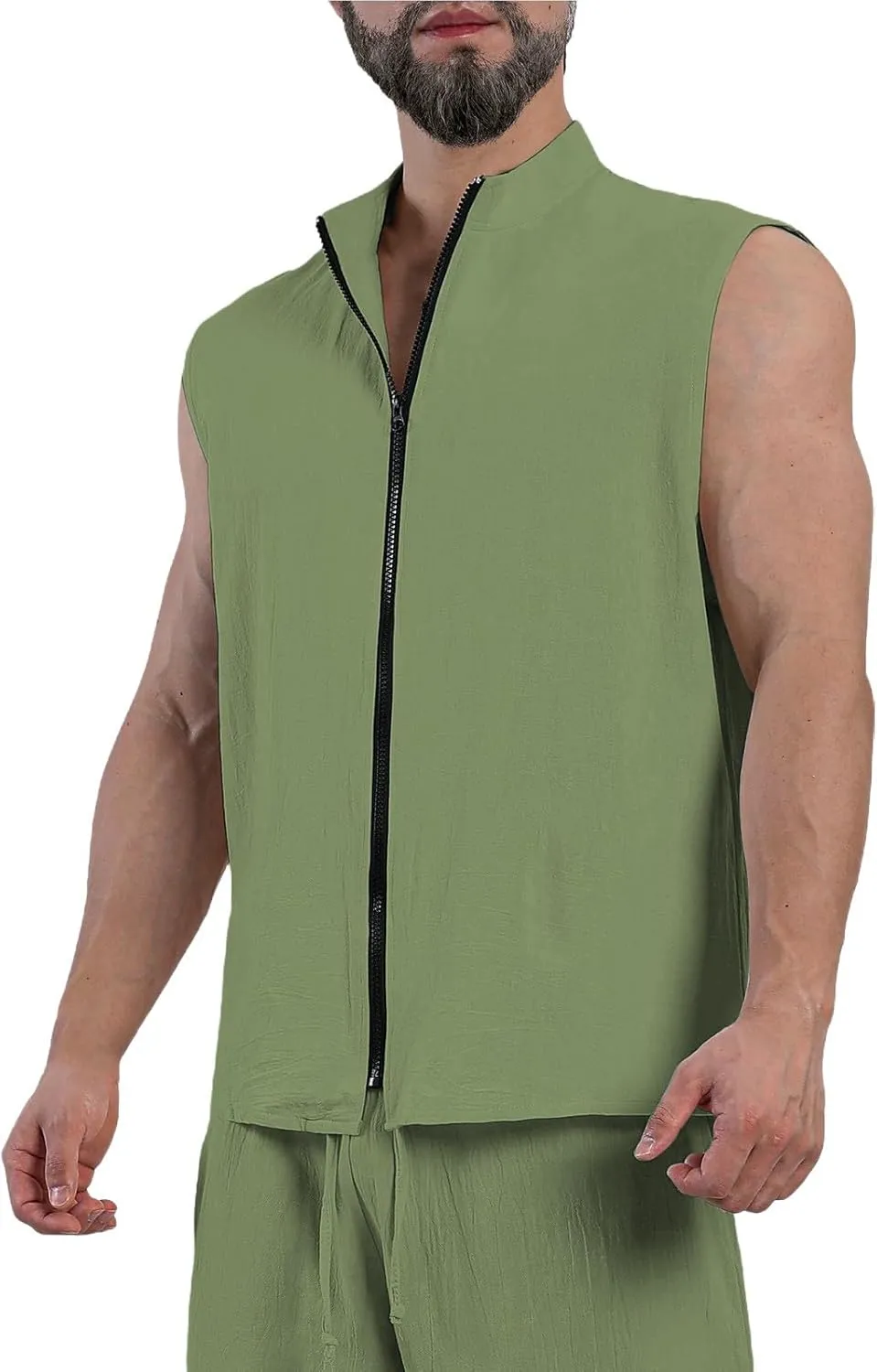 Men's Linen Shirts Turtleneck Zip Sleeveless Vest Waistcoats Summer Casual Cotton Tank Tops Lightweight Beach Shirt