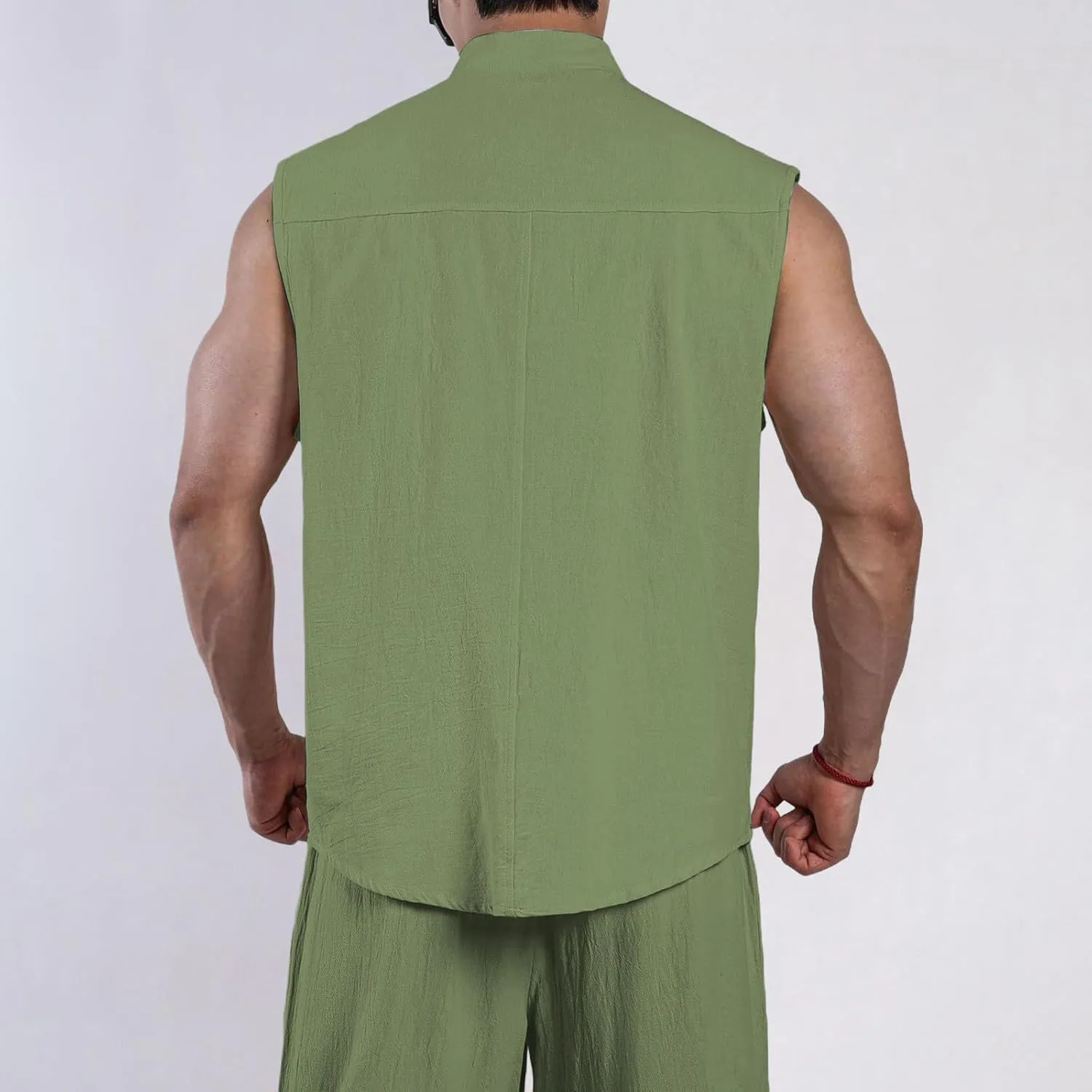 Men's Linen Shirts Turtleneck Zip Sleeveless Vest Waistcoats Summer Casual Cotton Tank Tops Lightweight Beach Shirt