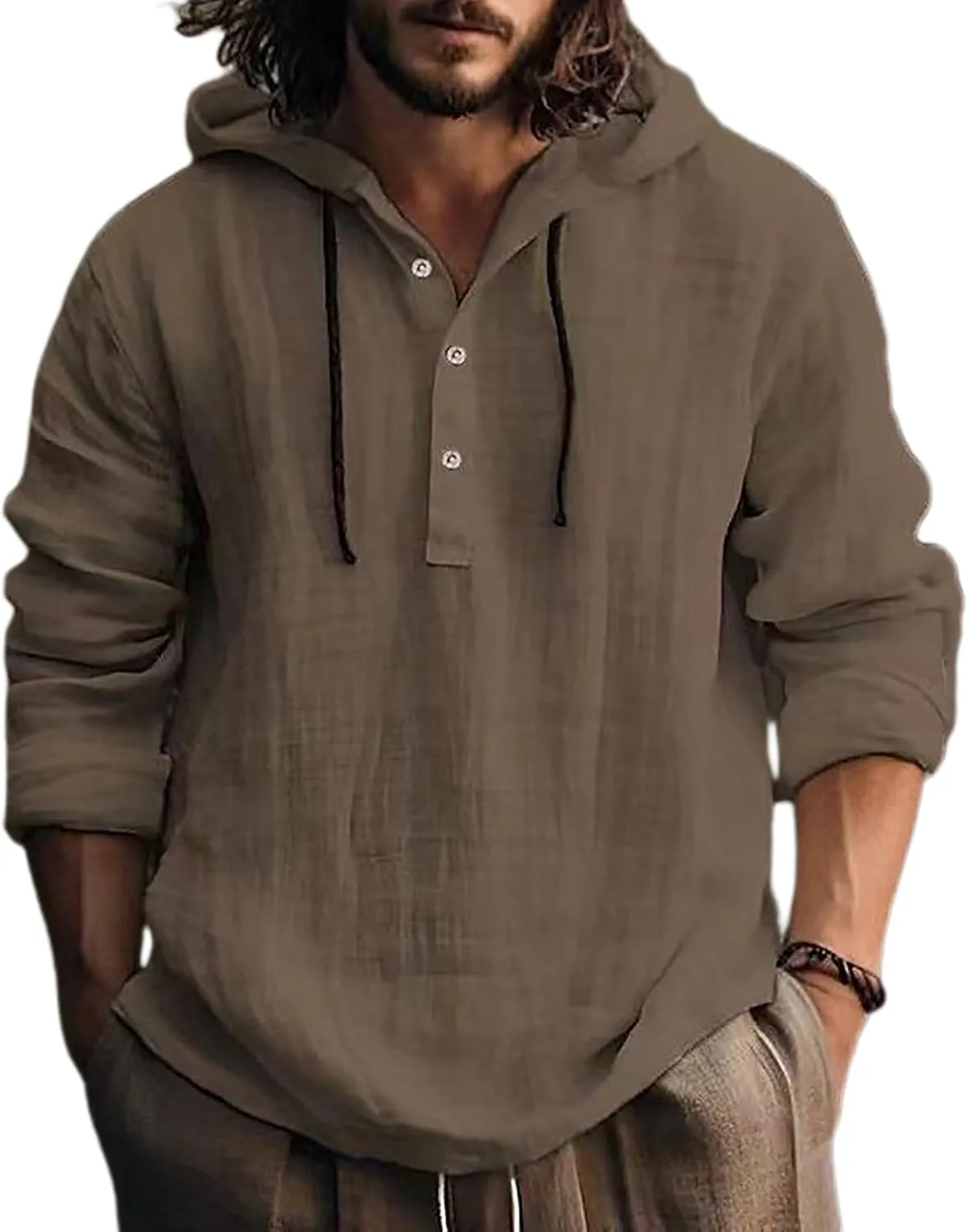 Mens Long Sleeve Linen Shirts with Hood V Neck Long Sleeve Lace Up Hooded Sweatshirts Breathable Tropical Beach Hoodie