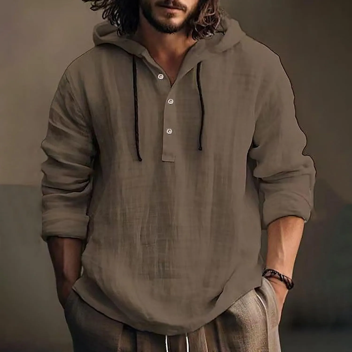 Mens Long Sleeve Linen Shirts with Hood V Neck Long Sleeve Lace Up Hooded Sweatshirts Breathable Tropical Beach Hoodie