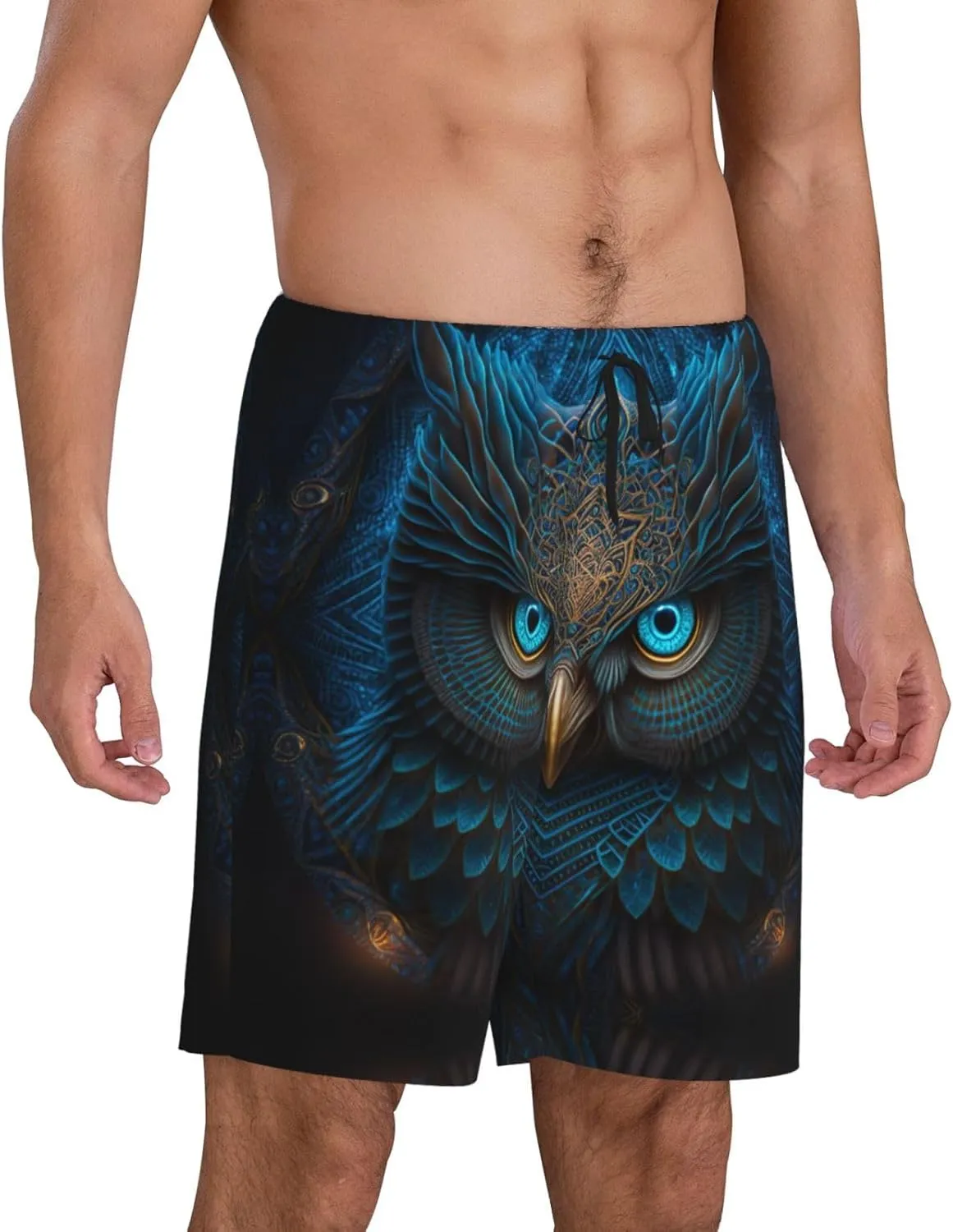 Mens Pajama Pants - Abstract Blue Owl Sleep Comfy Shorts Mens Pajama Shorts, Pj Pants for Mens Lounge Shorts