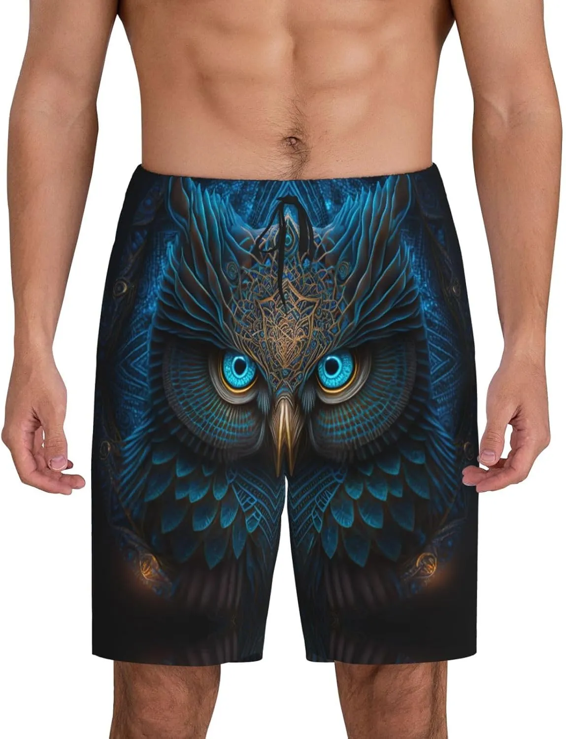 Mens Pajama Pants - Abstract Blue Owl Sleep Comfy Shorts Mens Pajama Shorts, Pj Pants for Mens Lounge Shorts