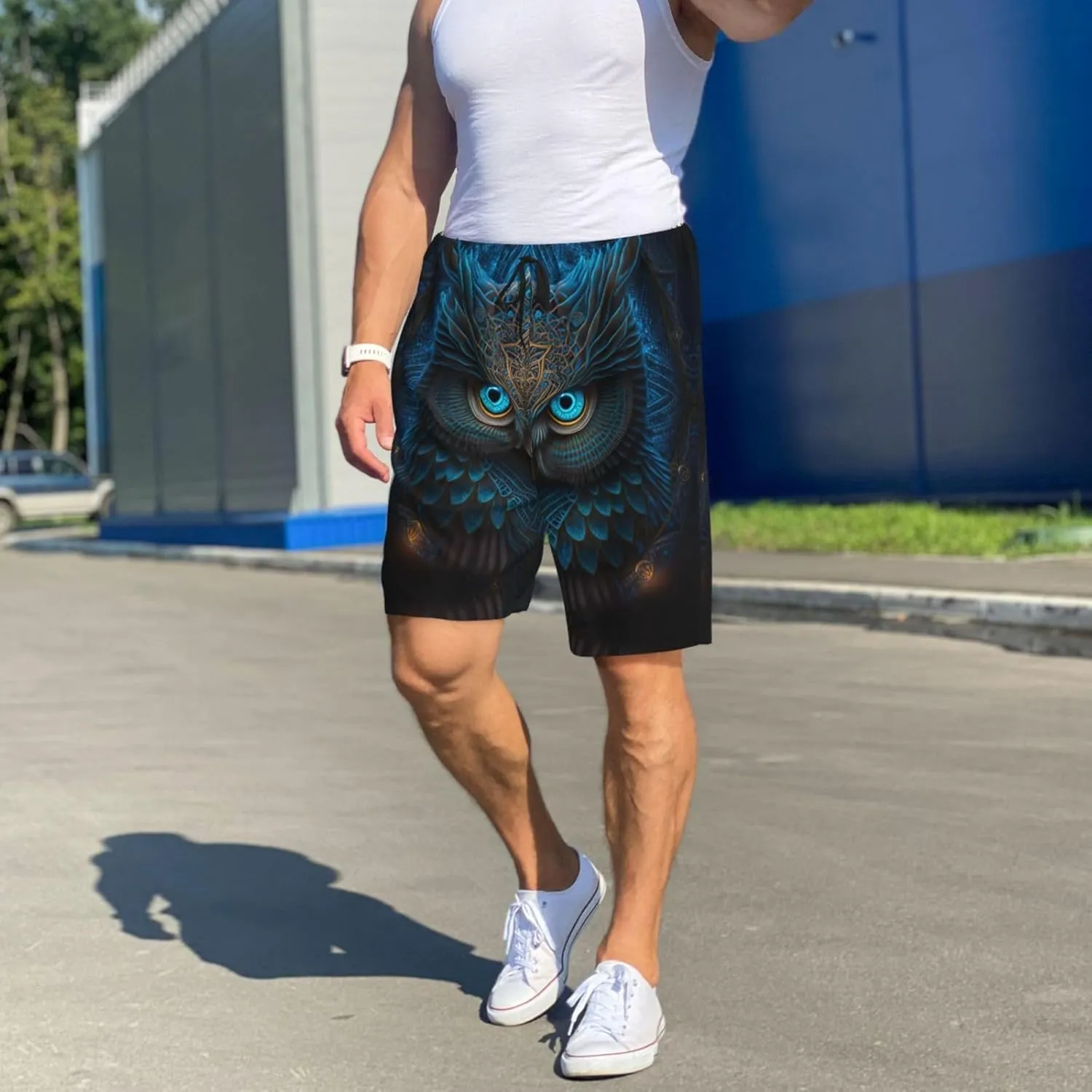 Mens Pajama Pants - Abstract Blue Owl Sleep Comfy Shorts Mens Pajama Shorts, Pj Pants for Mens Lounge Shorts
