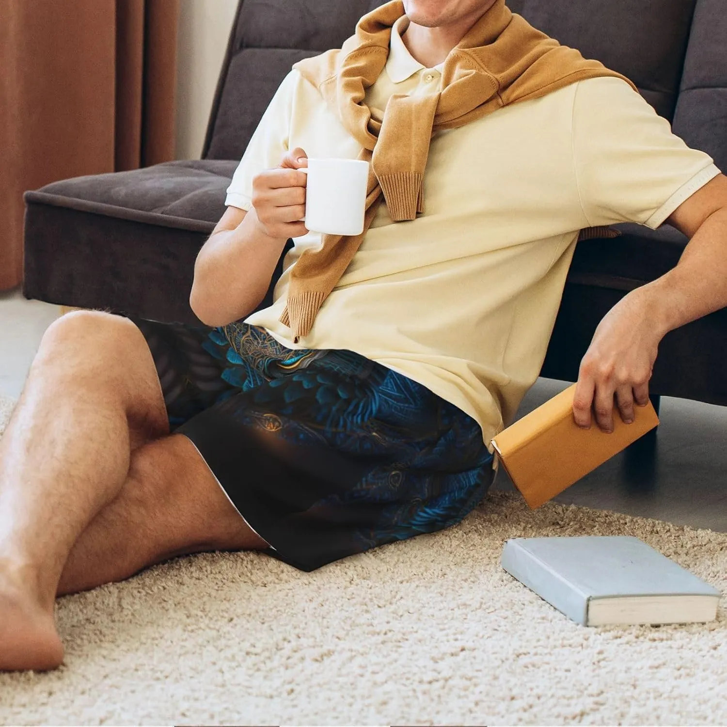 Mens Pajama Pants - Abstract Blue Owl Sleep Comfy Shorts Mens Pajama Shorts, Pj Pants for Mens Lounge Shorts