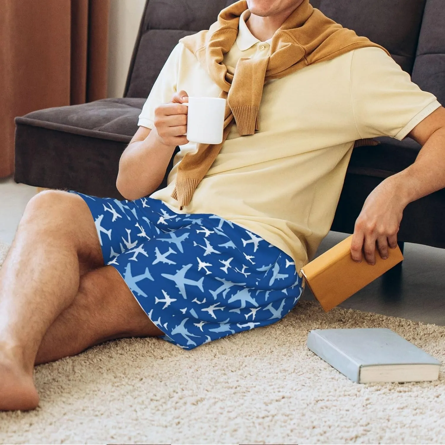 Mens Pajama Pants - Airplanes In The Sky Comfy Sleep Shorts Mens Pajama Shorts, Mens Lounge Shorts Pj Pants