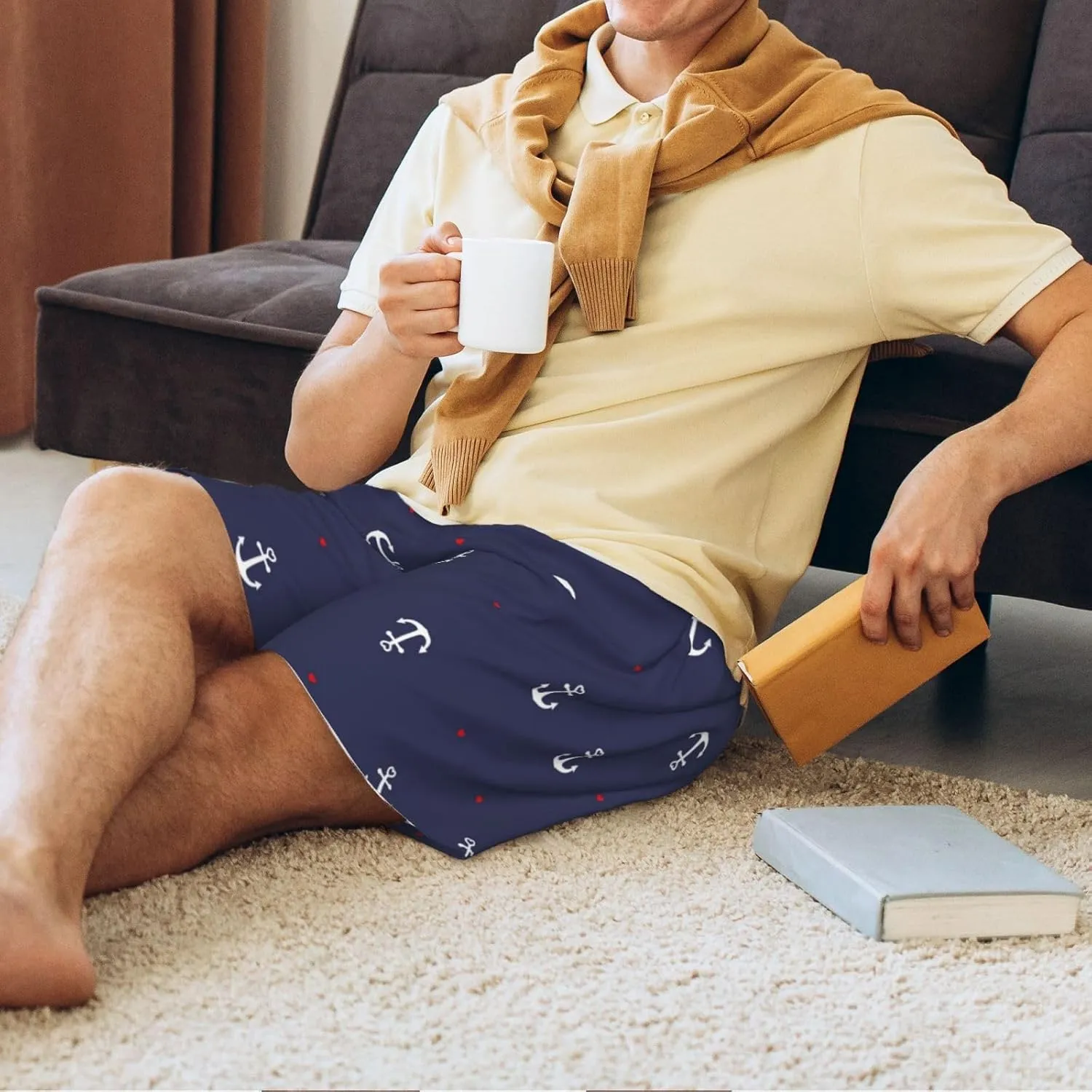 Mens Pajama Pants - Anchor Heart Blue Sleep Comfy Shorts Mens Pajama Shorts, Pj Pants for Mens Lounge Shorts