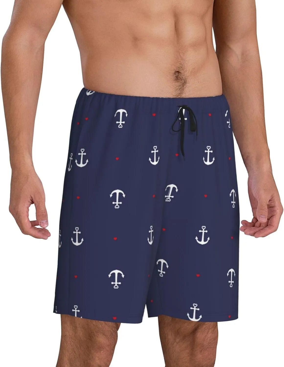 Mens Pajama Pants - Anchor Heart Blue Sleep Comfy Shorts Mens Pajama Shorts, Pj Pants for Mens Lounge Shorts