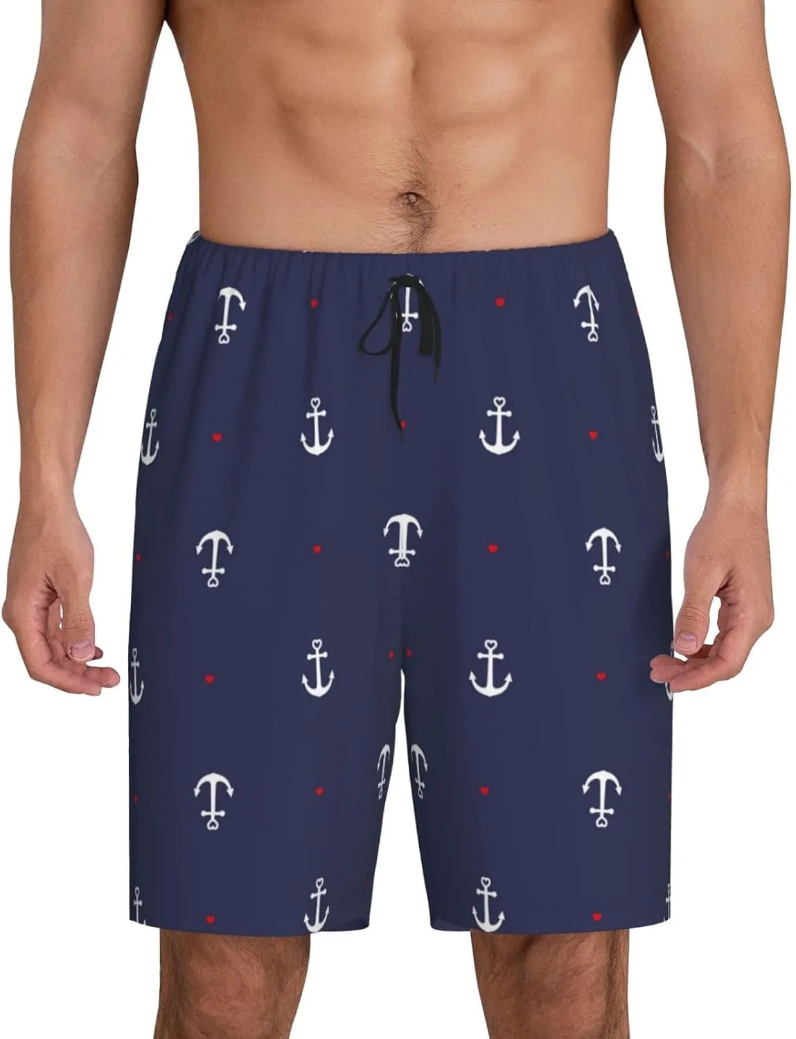 Mens Pajama Pants - Anchor Heart Blue Sleep Comfy Shorts Mens Pajama Shorts, Pj Pants for Mens Lounge Shorts