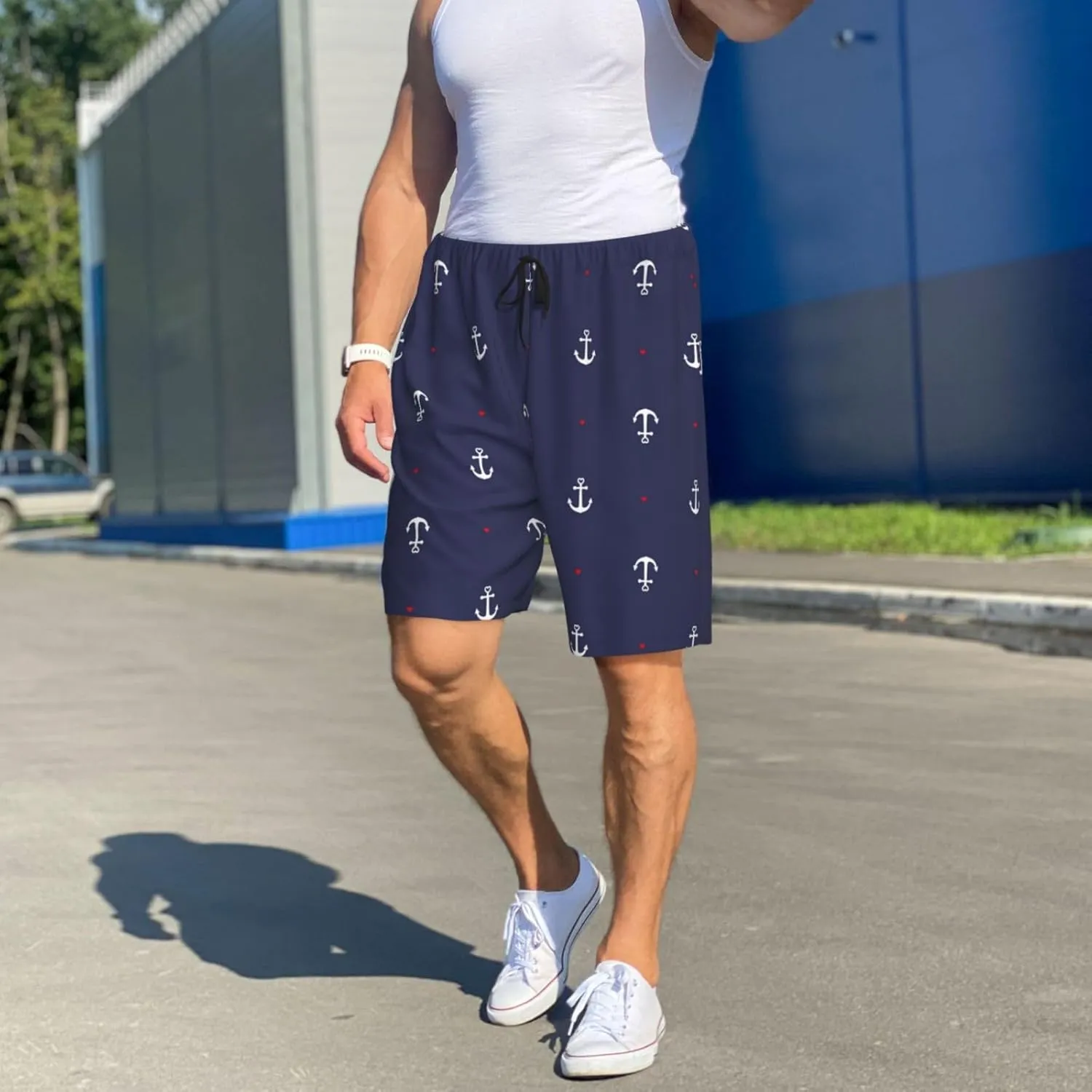 Mens Pajama Pants - Anchor Heart Blue Sleep Comfy Shorts Mens Pajama Shorts, Pj Pants for Mens Lounge Shorts