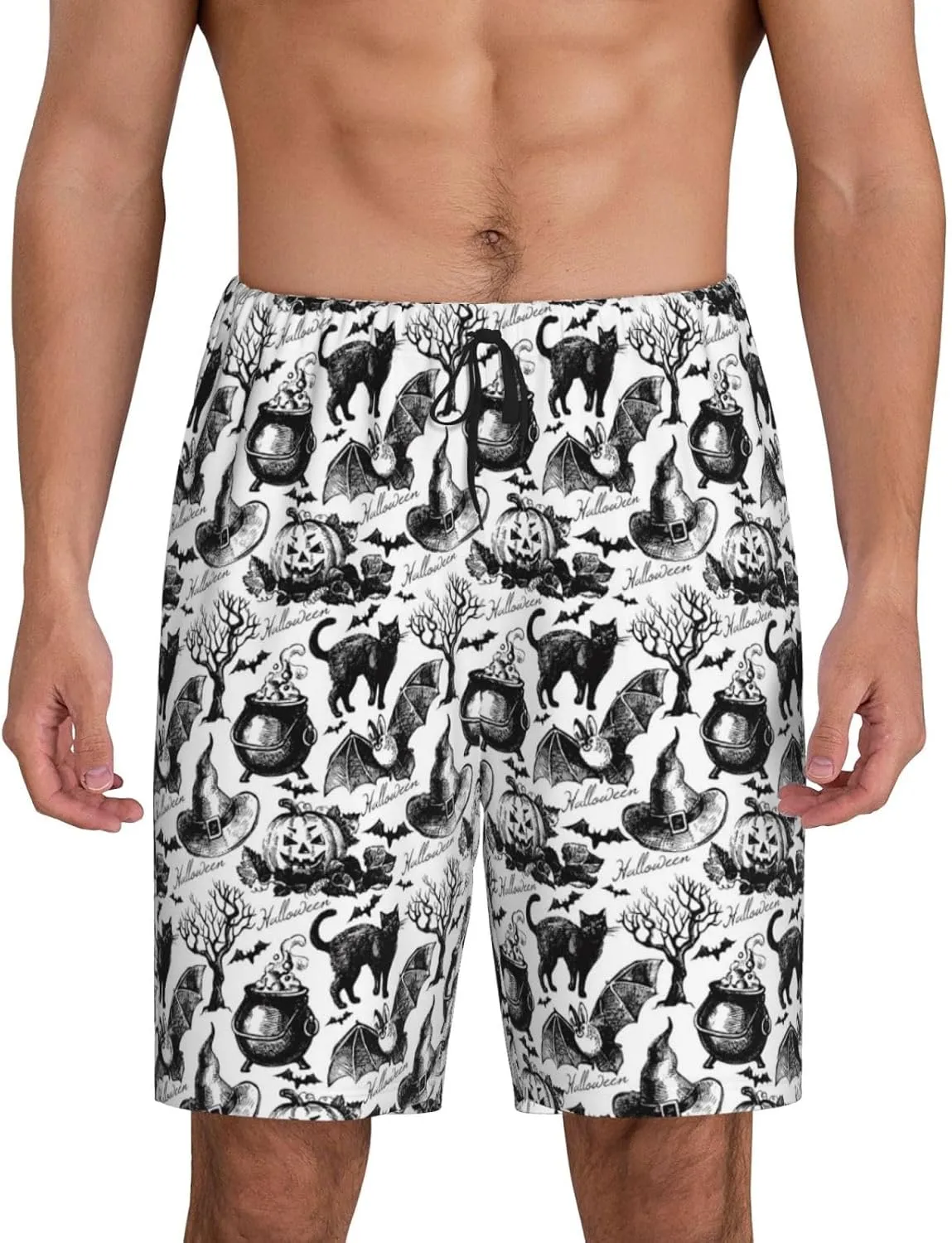 Mens Pajama Pants - Black white halloween Sleep Shorts Mens Pajama Shorts, Comfy Pj Pants for Mens Lounge Shorts