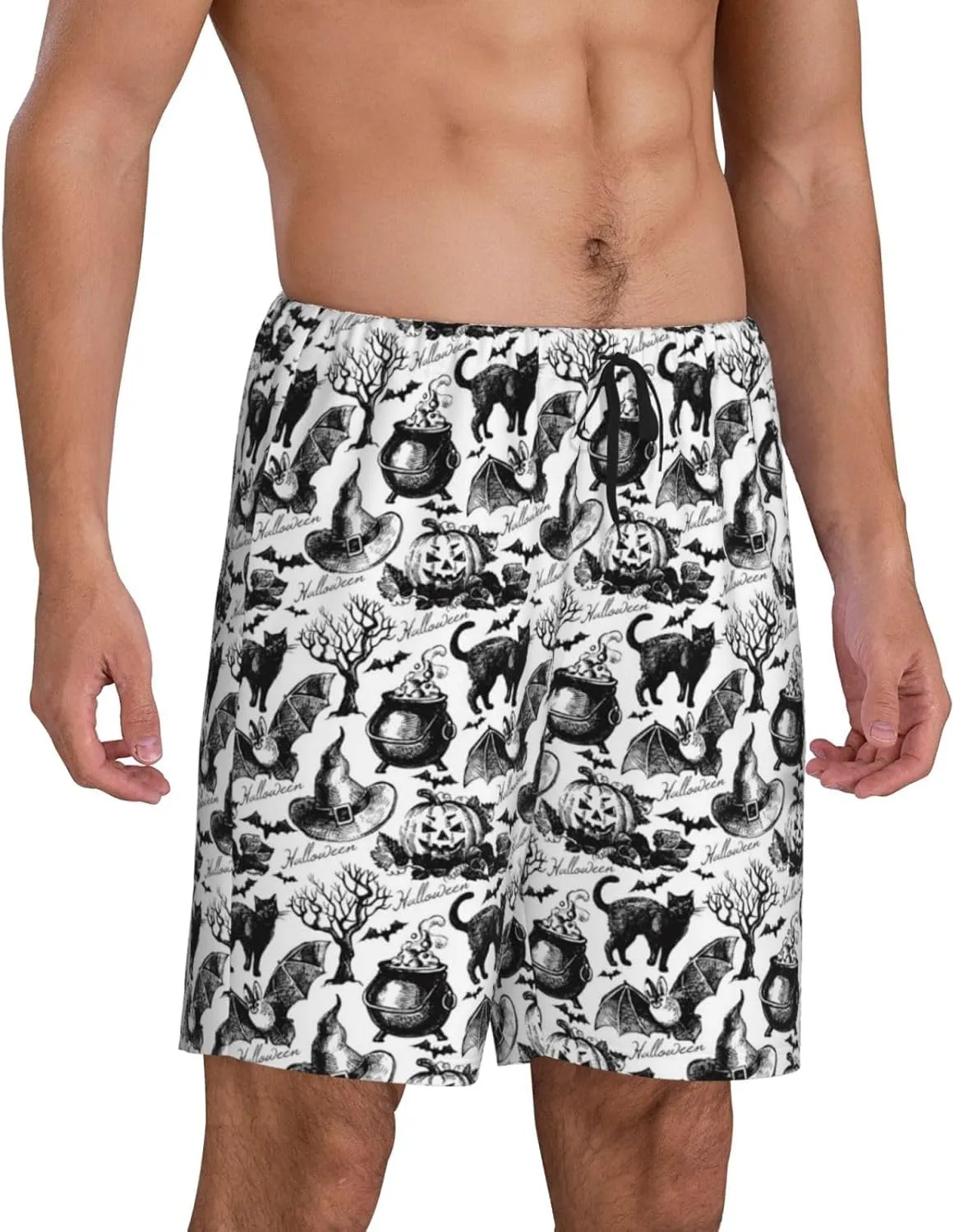 Mens Pajama Pants - Black white halloween Sleep Shorts Mens Pajama Shorts, Comfy Pj Pants for Mens Lounge Shorts