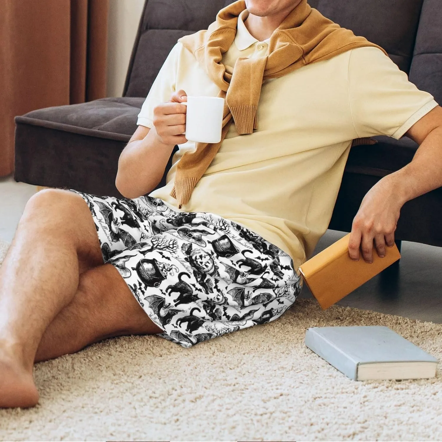 Mens Pajama Pants - Black white halloween Sleep Shorts Mens Pajama Shorts, Comfy Pj Pants for Mens Lounge Shorts