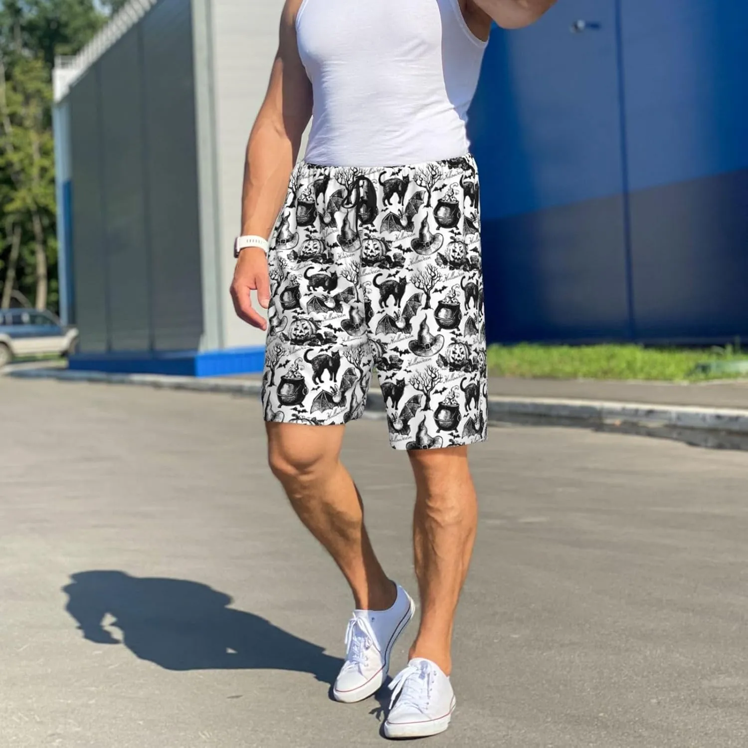 Mens Pajama Pants - Black white halloween Sleep Shorts Mens Pajama Shorts, Comfy Pj Pants for Mens Lounge Shorts