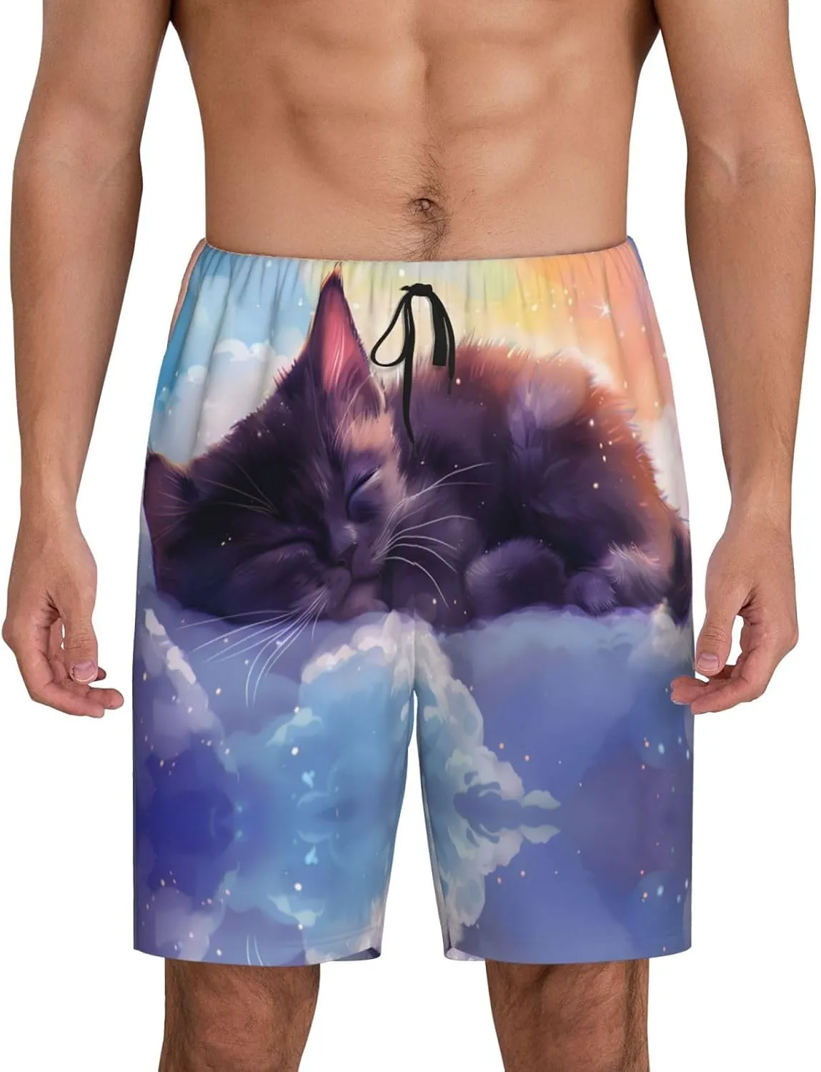 mens pajama pants - Colorful Cloud Sleeping Cat Comfy Sleep Shorts Mens Pajama shorts, mens lounge shorts pj pants